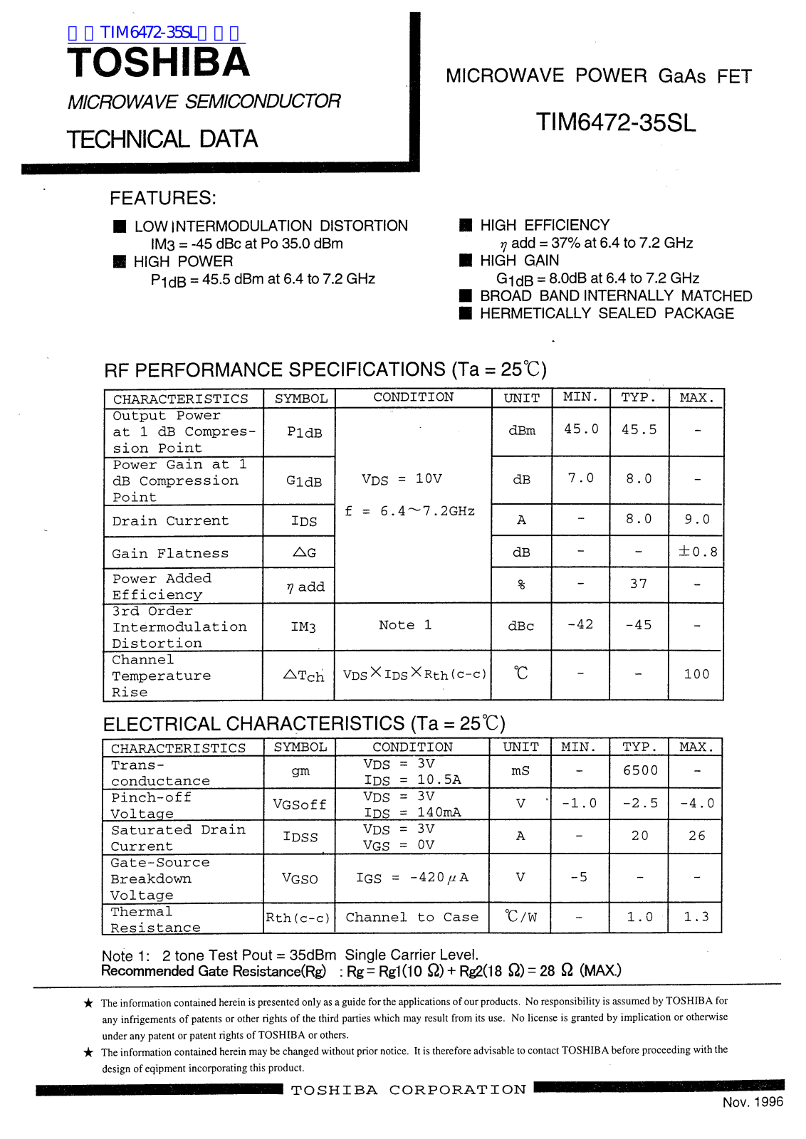 TOSHIBA TIM6472-35SL Technical data