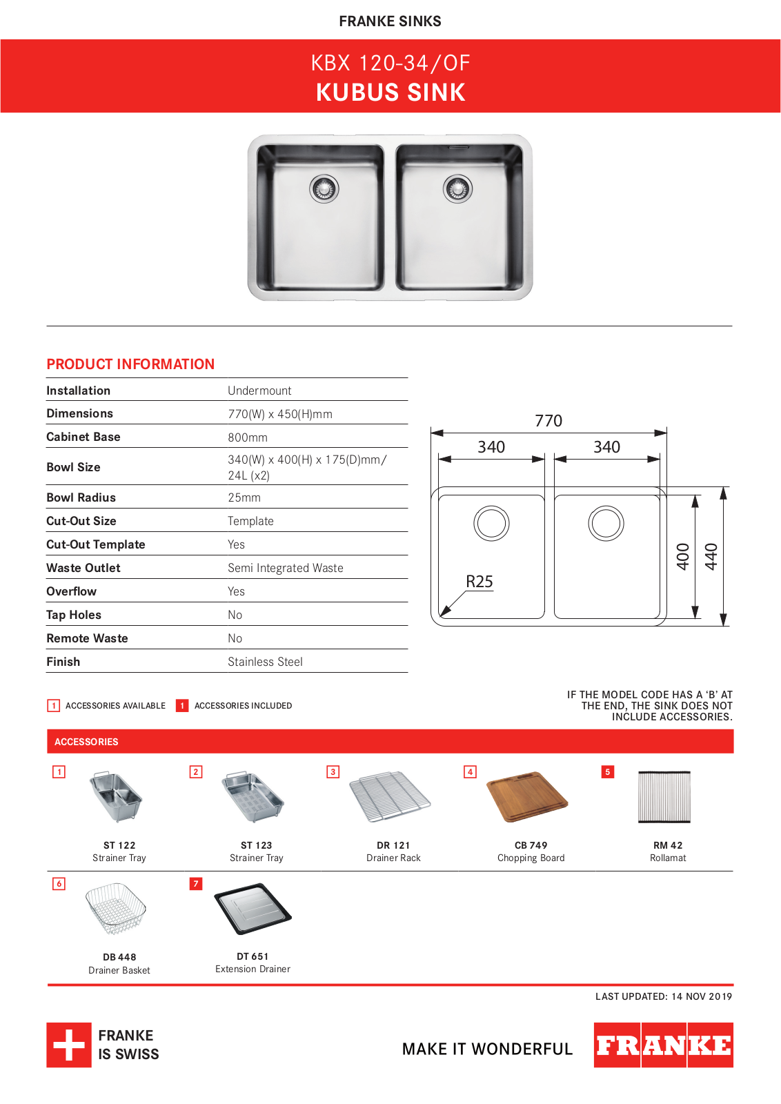 Franke KBX120-34OFB, KBX120-34OF Specifications Sheet