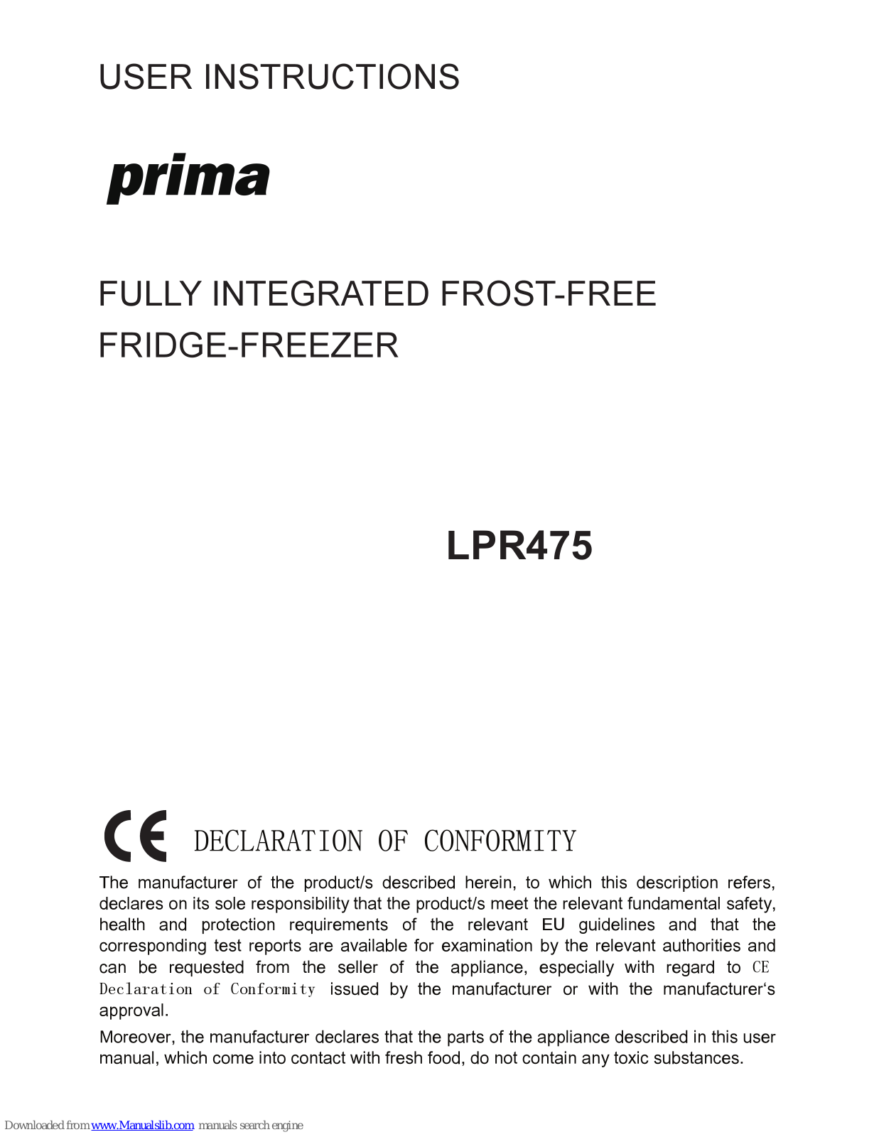 Prima LPR475 User Instructions