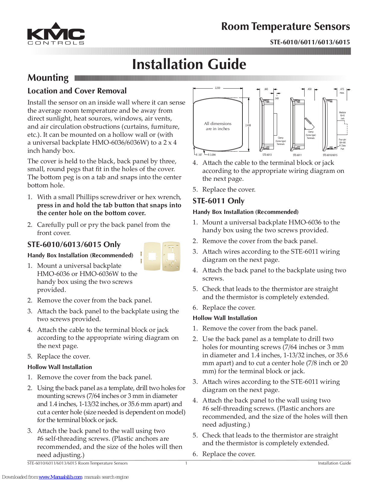 KMC Controls STE-6010, STE-6011, STE-6013, STE-6015 Installation Manual