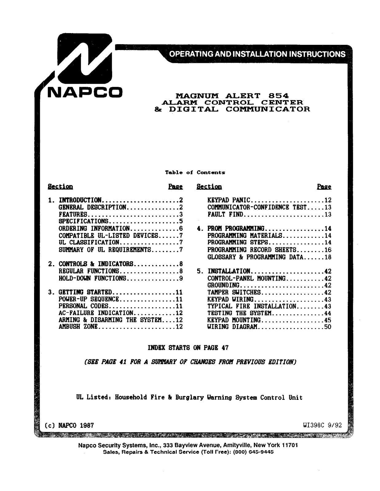 NAPCO MA854 Installation Manual