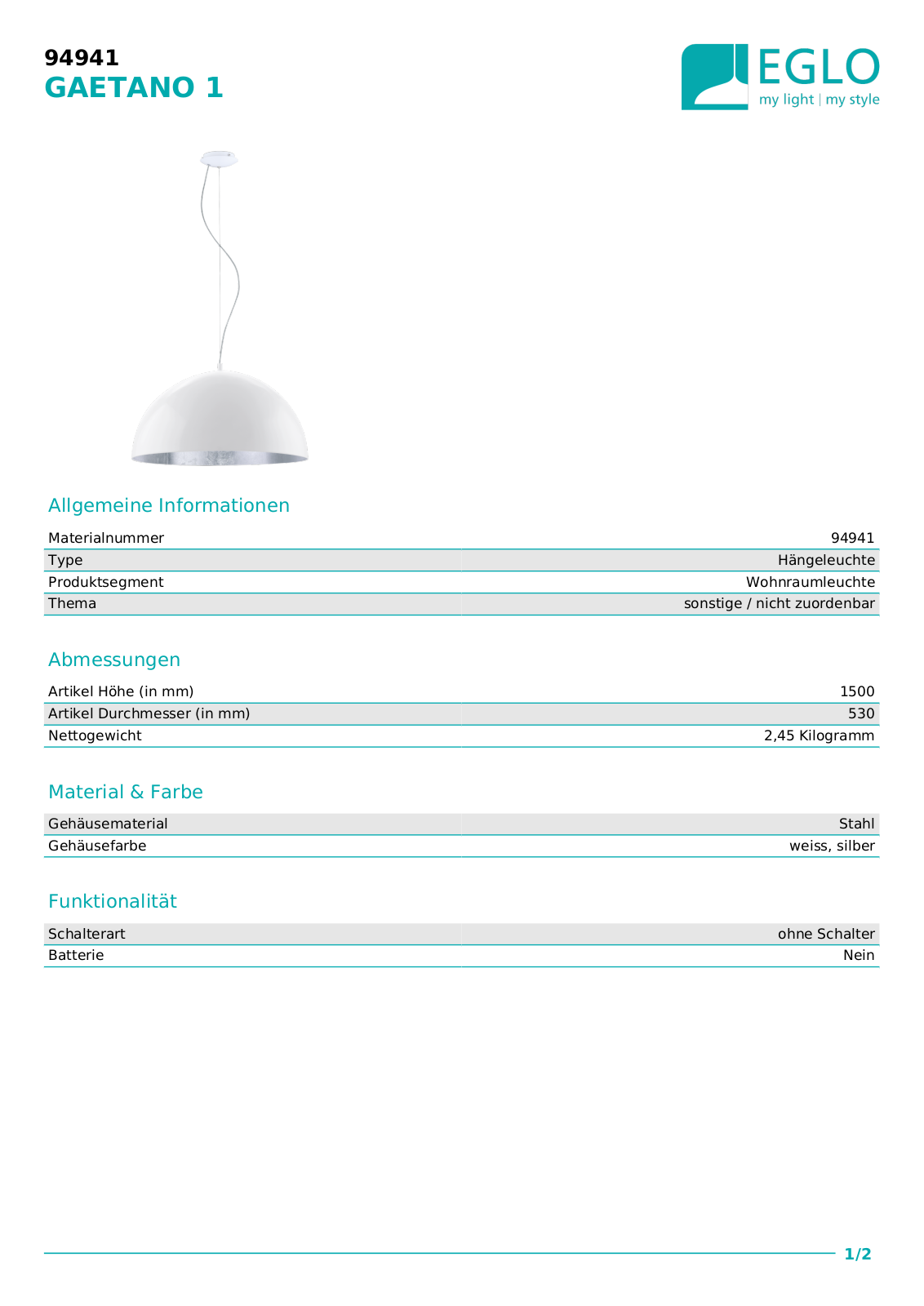 Eglo 94941 Technical data