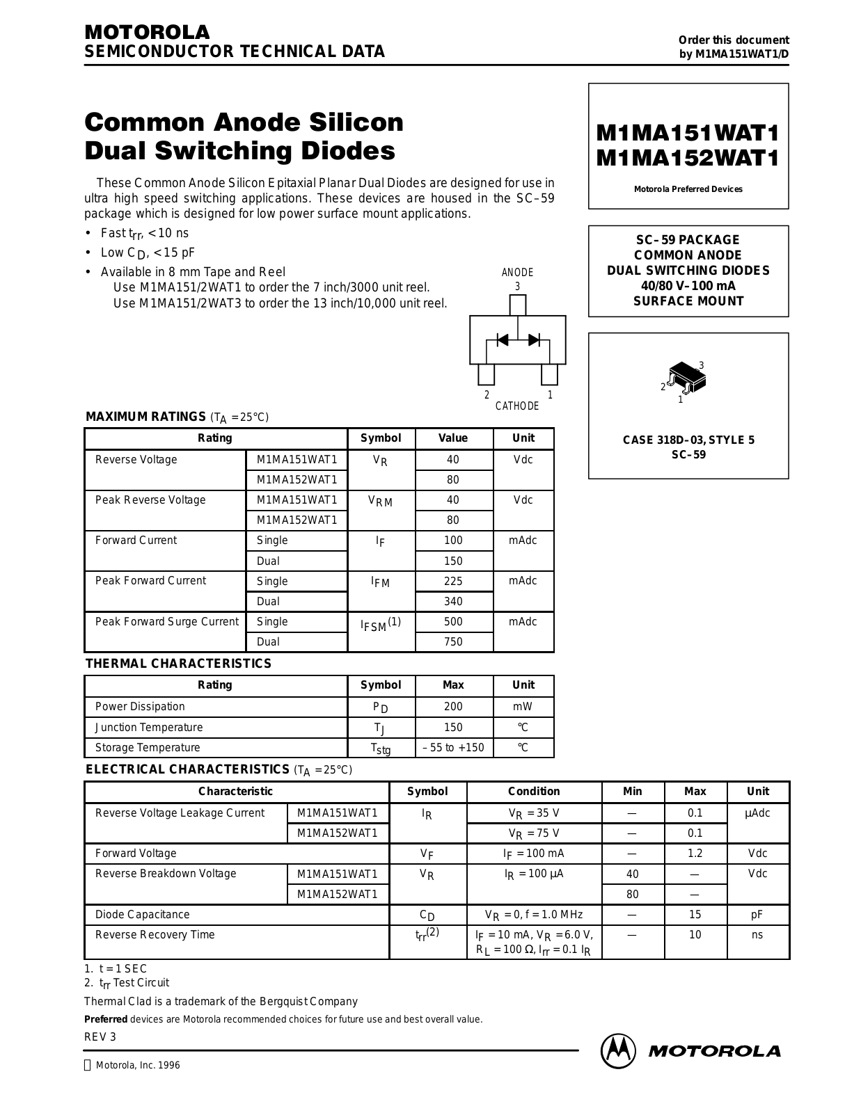 Motorola M1MA152WAT1 Datasheet