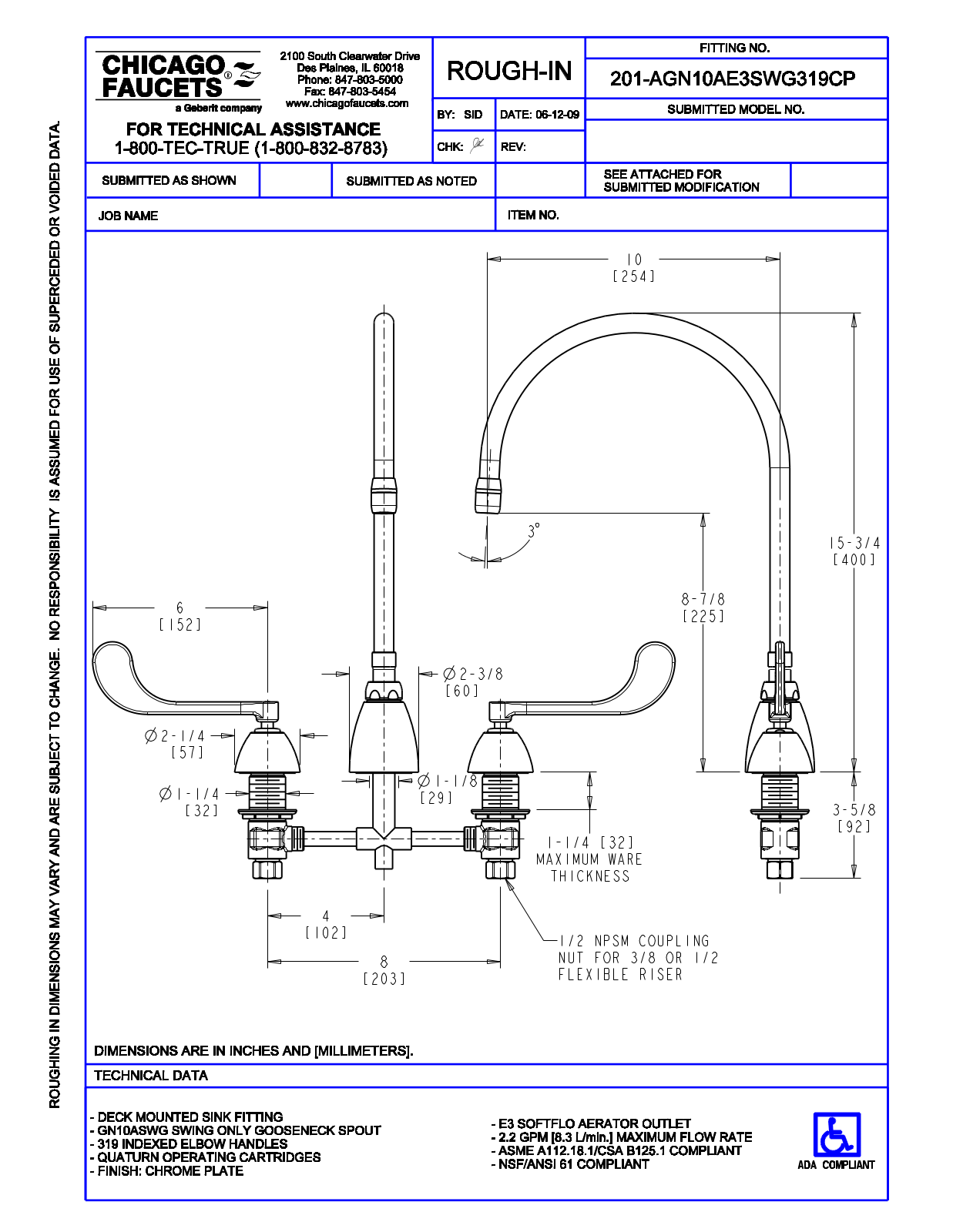 Chicago Faucet 201-AGN10AE3SWG319 User Manual