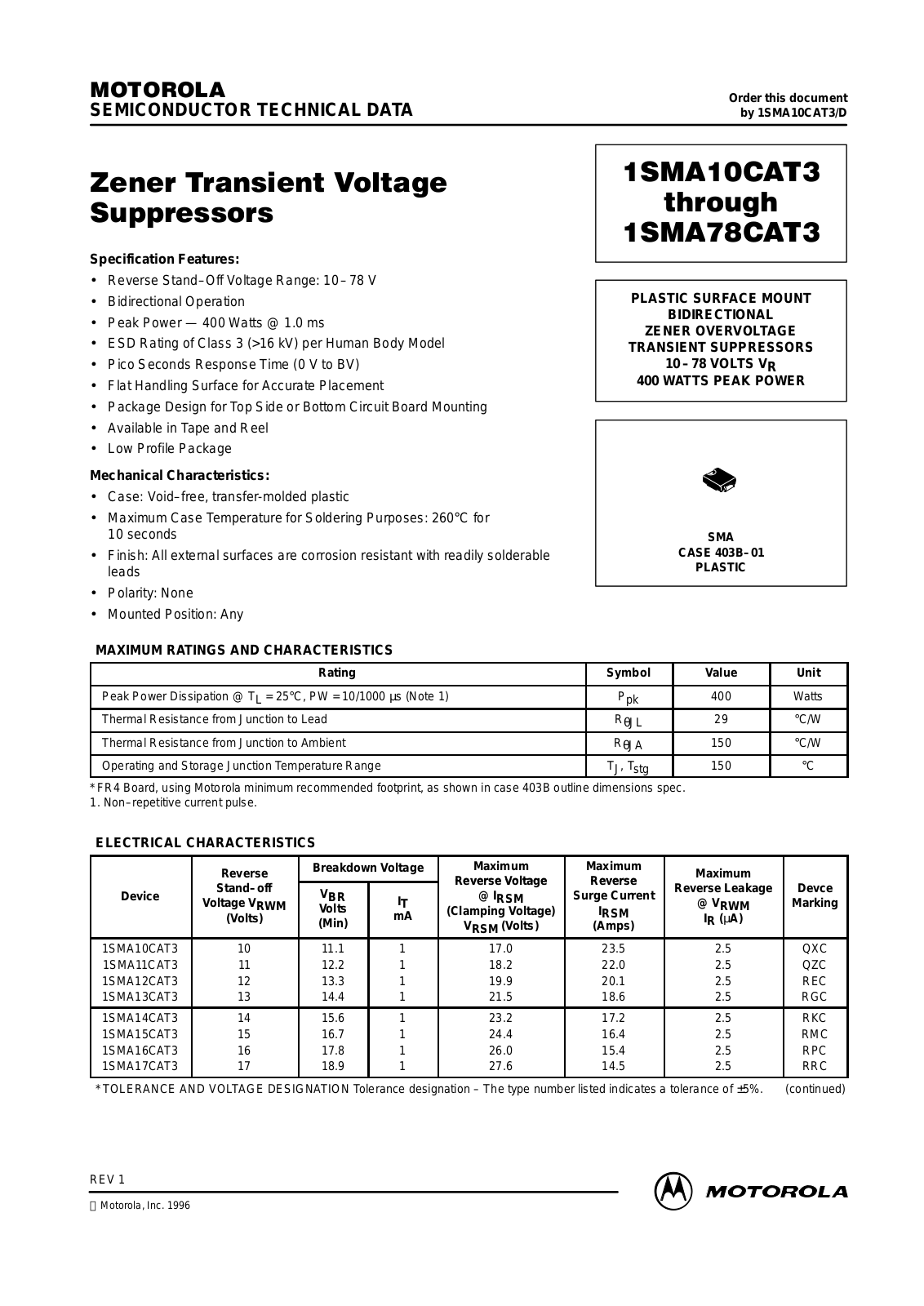 Motorola 1SMA78CAT3, 1SMA70CAT3, 1SMA64CAT3, 1SMA60CAT3, 1SMA58CAT3 Datasheet