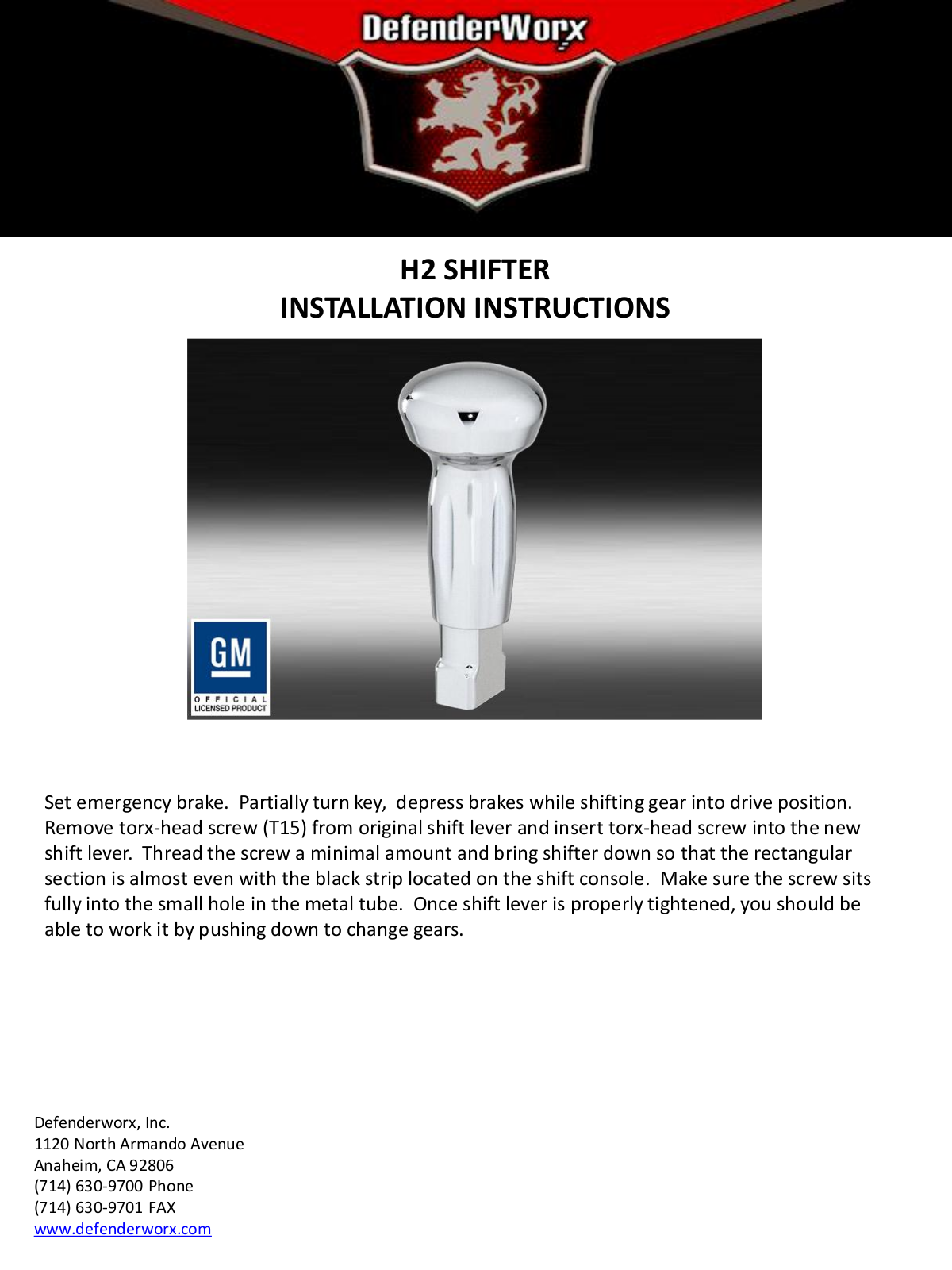 DefenderWorx SHIFTER User Manual