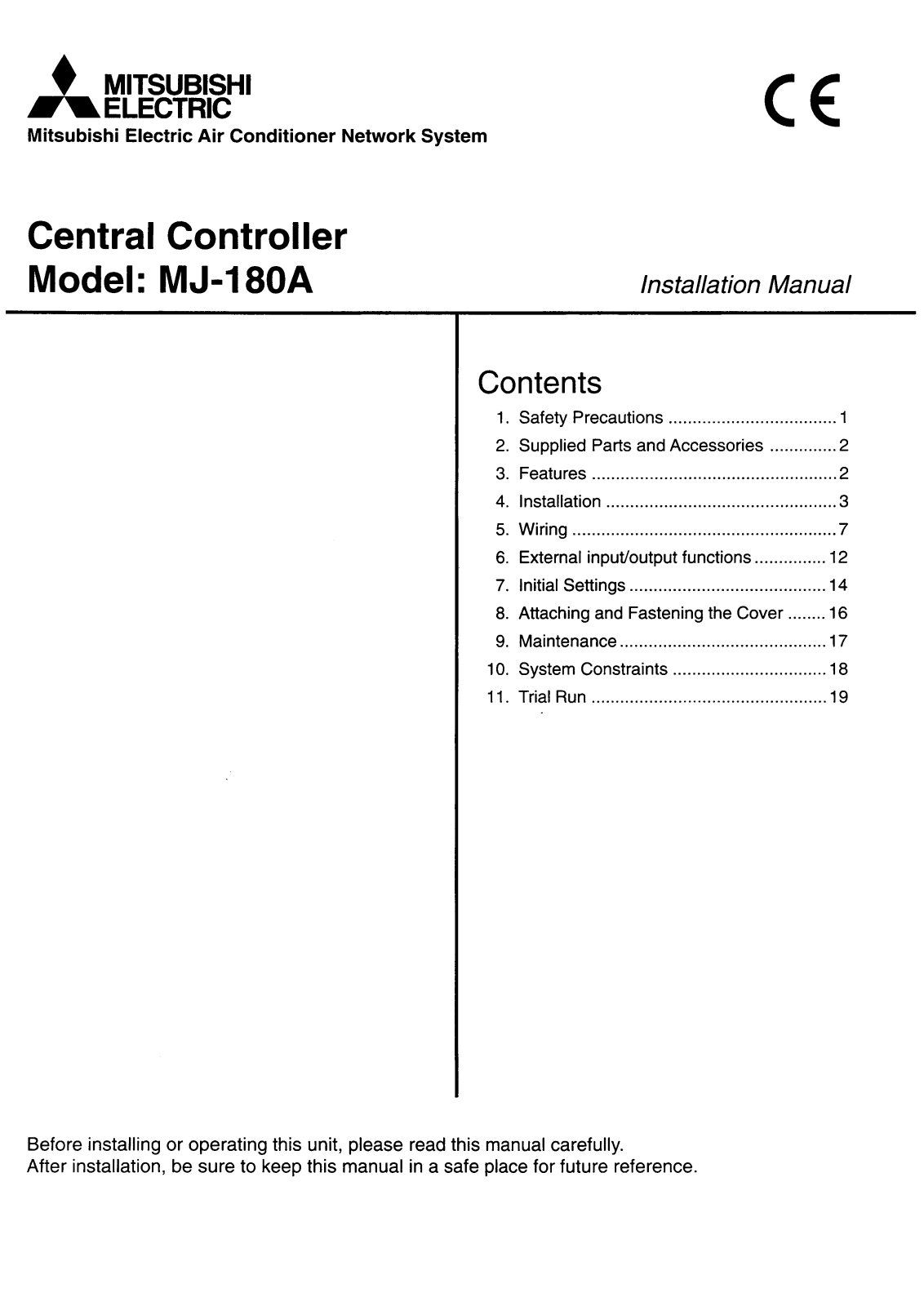 Mitsubishi MJ-180A Installation Manual