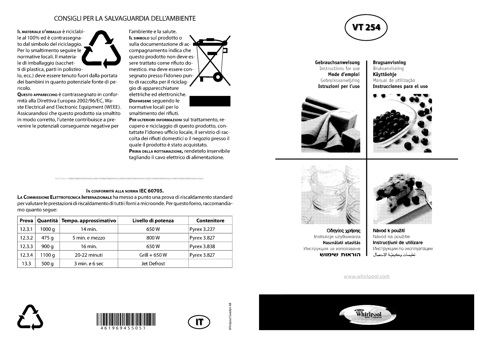 Whirlpool VT 254 / SL, VT 254 / ALU INSTRUCTION FOR USE