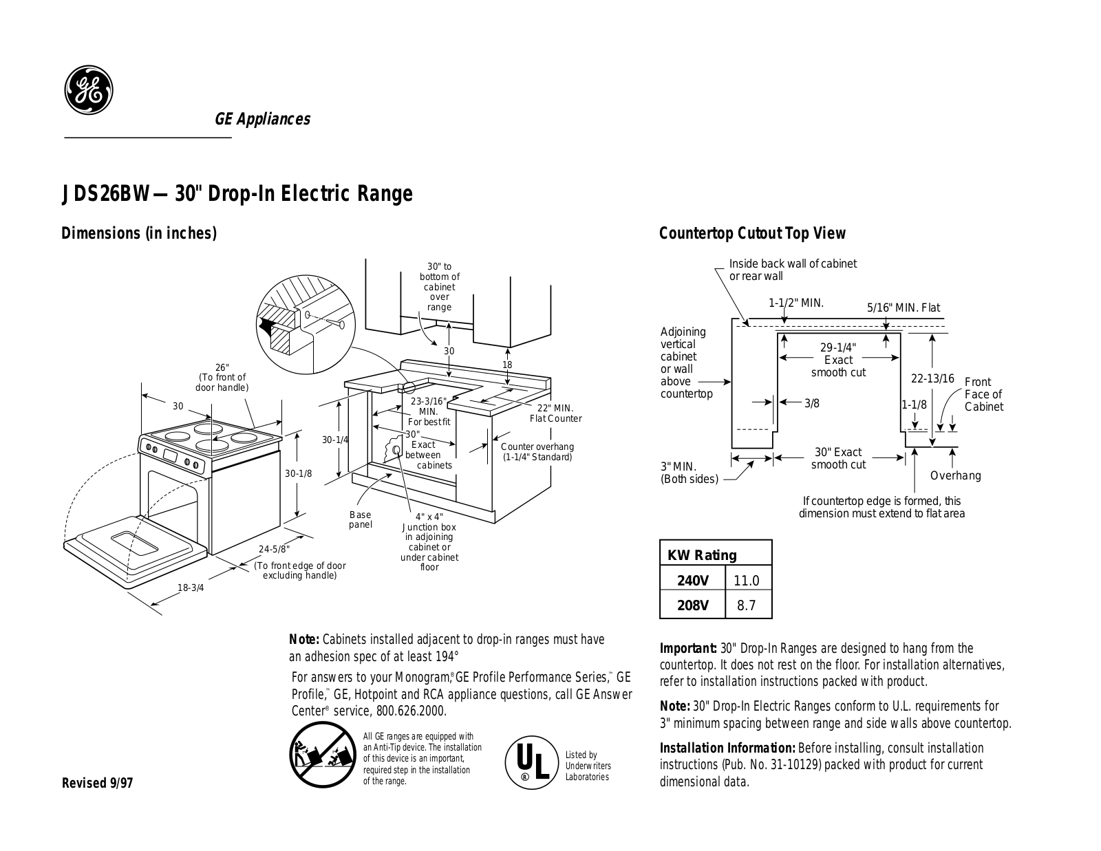 GE JDS26BW Specification