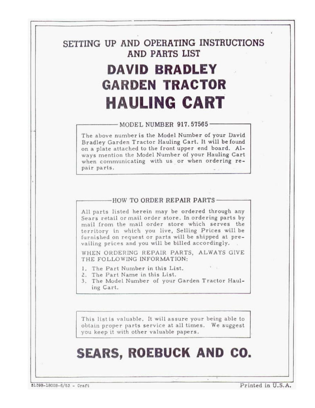 David Bradley 917.57565 Operating instructions