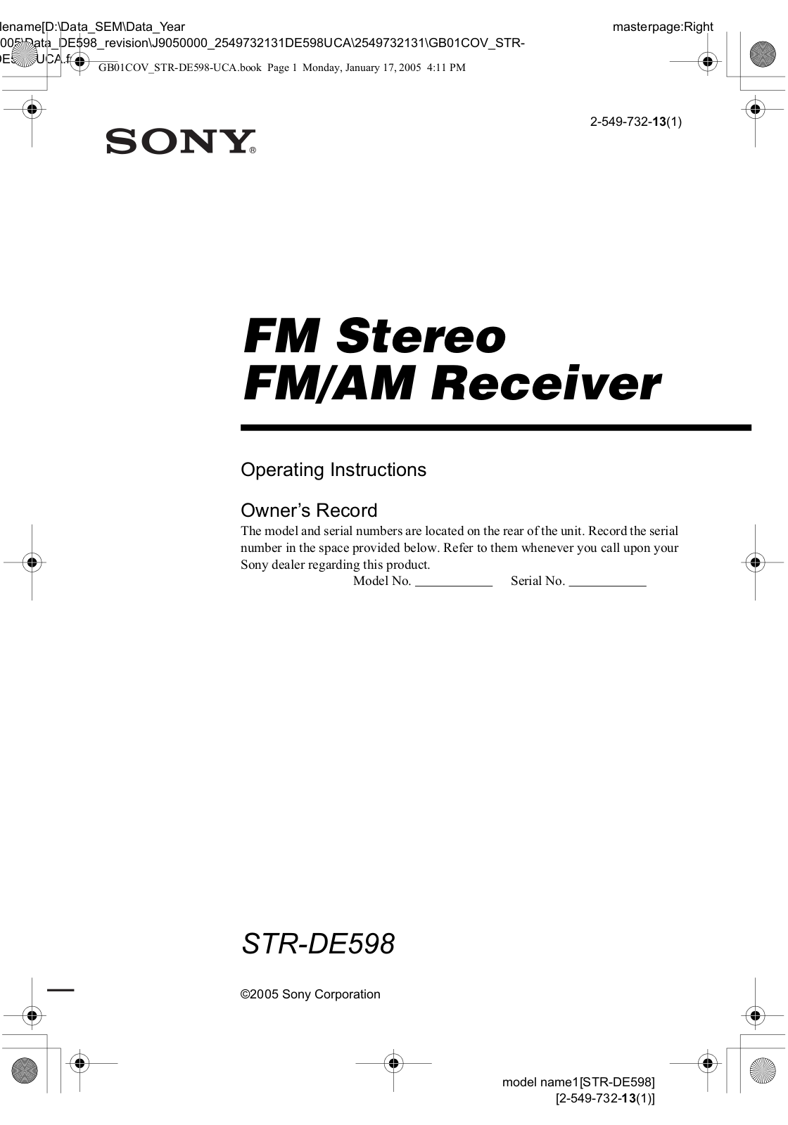 Sony STR-DE598 Operating Instruction