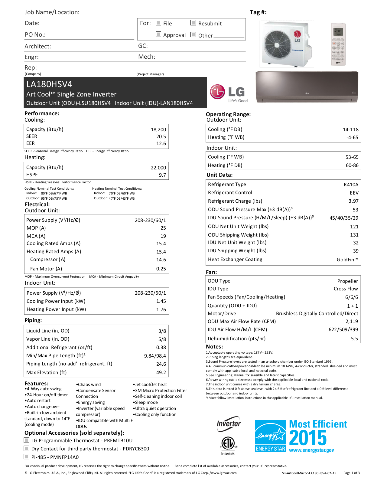 LG LSU180HSV4 Specifications