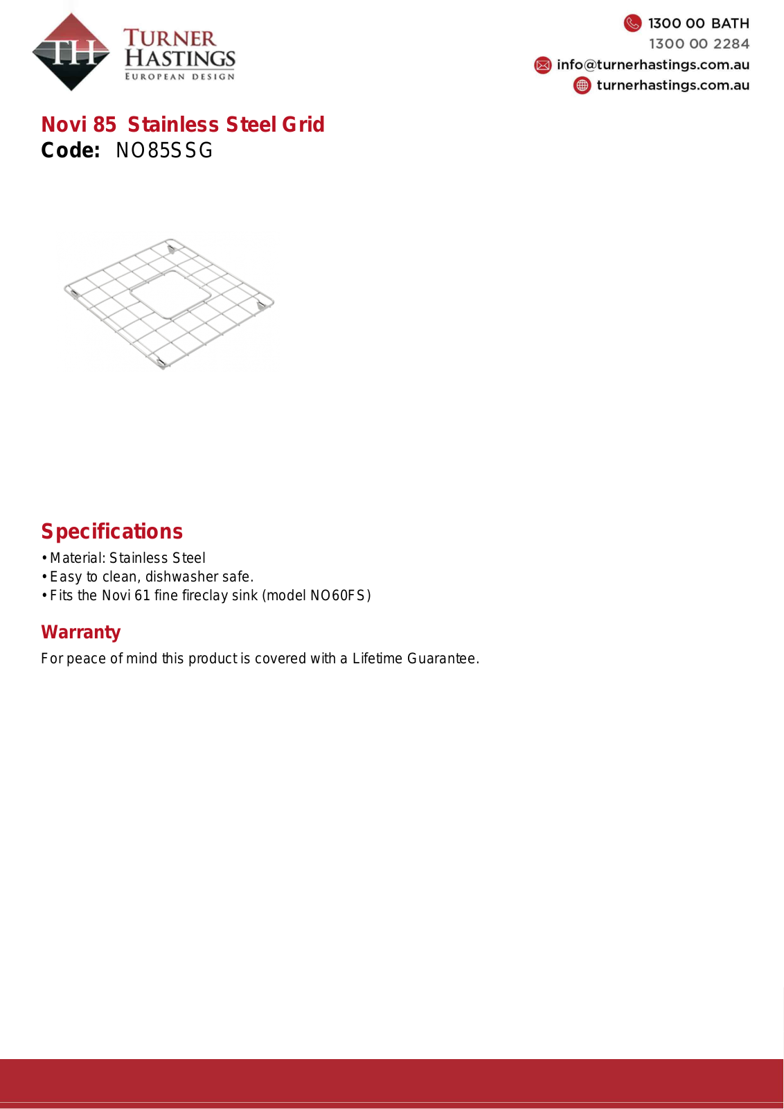 Turner Hastings NO85SSG Specifications Sheet