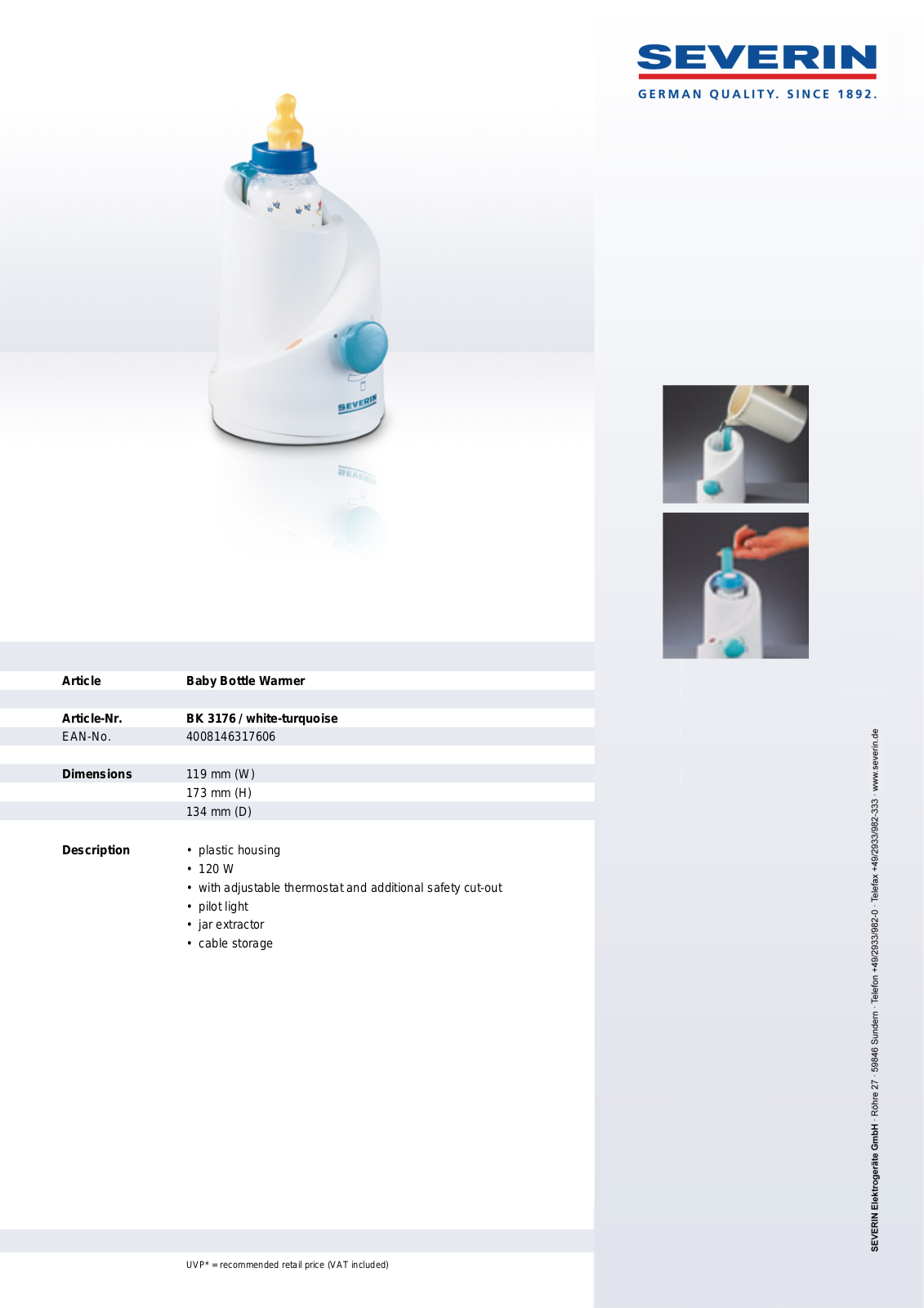 Severin BABY BOTTLE WARMER, BK 3176 User Manual