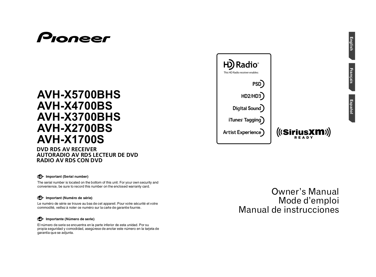 Pioneer AVH-X1700S, AVH-X2700BS, AVH-X3700BHS, AVH-X4700BS, AVH-X5700BHS Owner's Manual