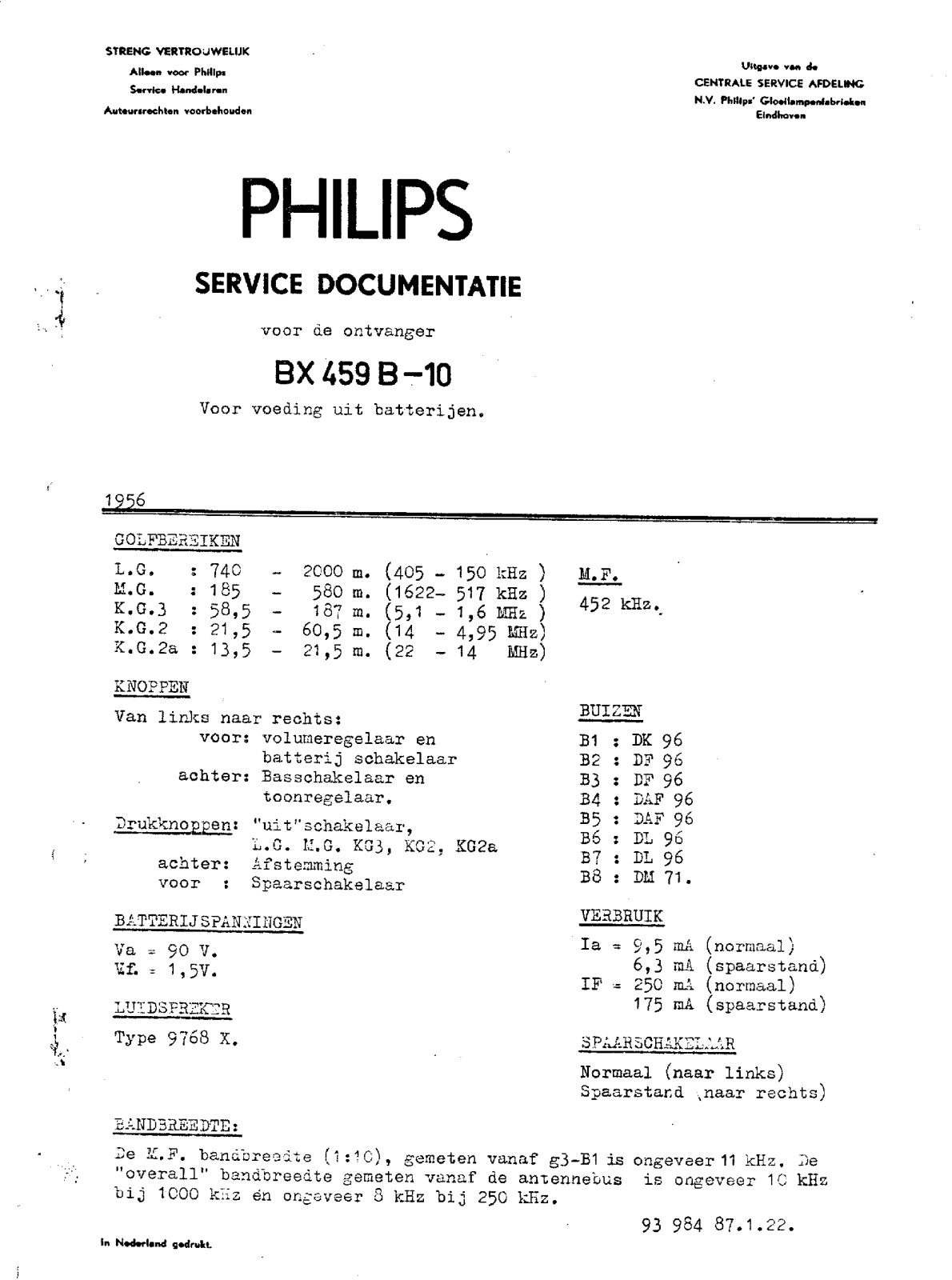 Philips BX459B Schematic