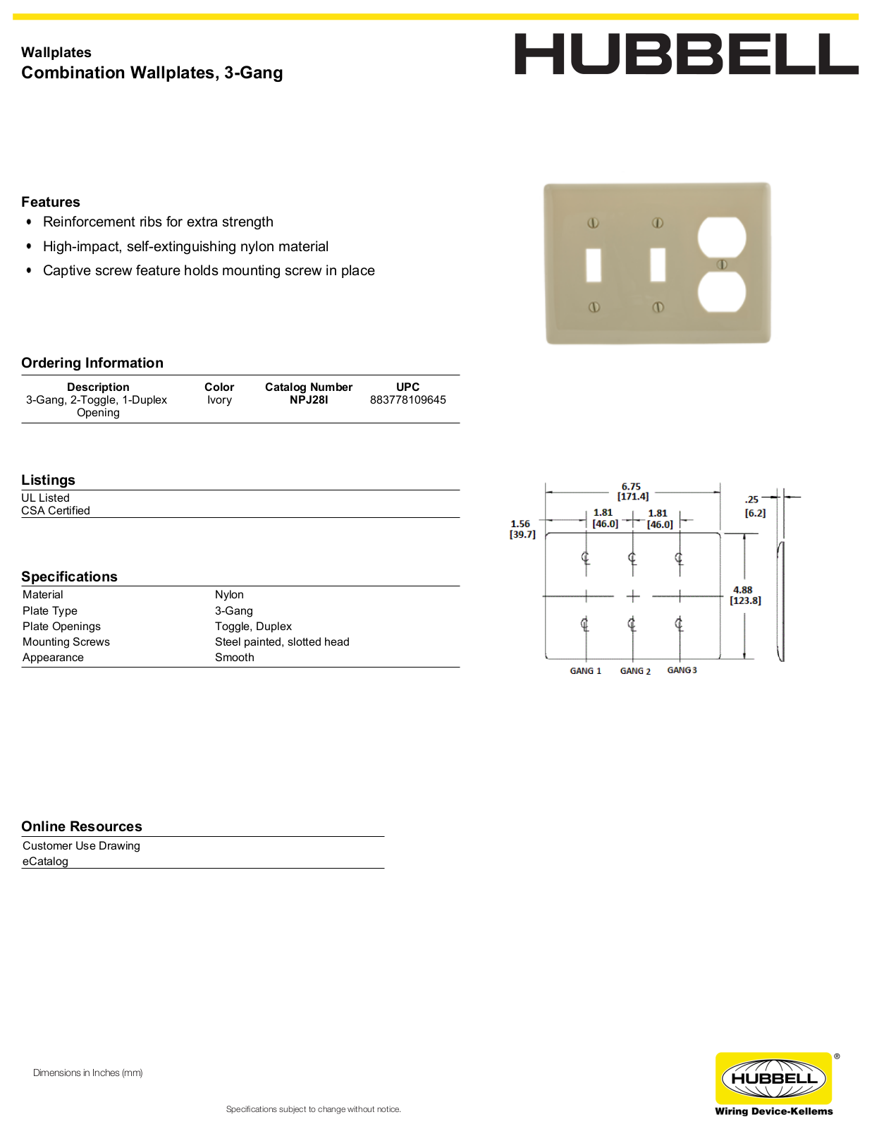 Hubbell NPJ28I Specifications