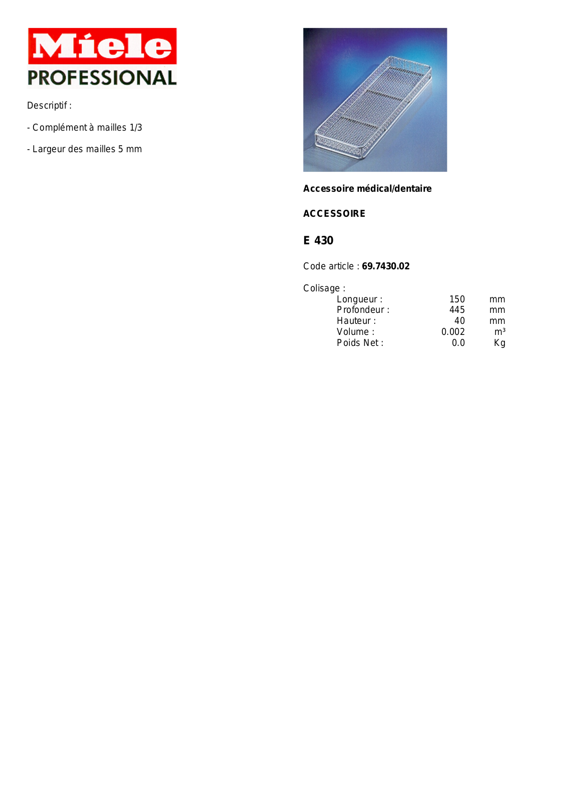 MIELE E 430 DESCRIPTIF User Manual