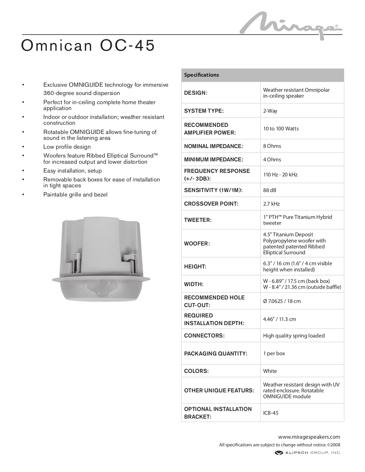 Mirage Loudspeakers OC-45 User Manual