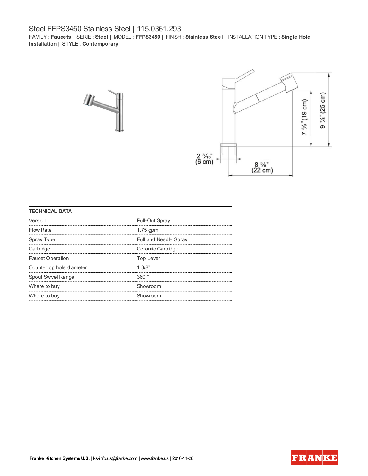 Franke FFPS3450 Specification Sheet