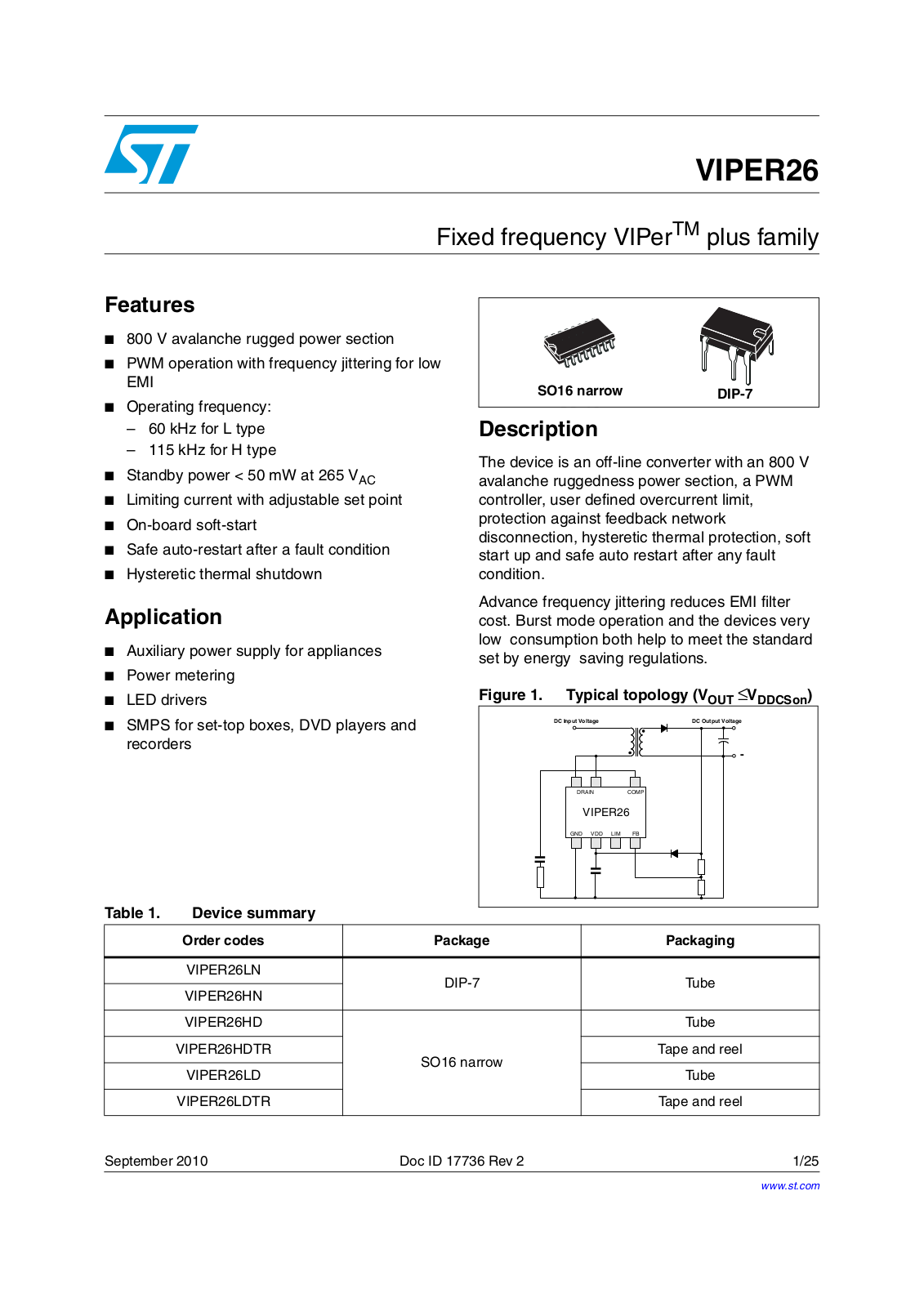 Datasheet VIPER26LN Datasheet (ST MICROELECTRONICS) - ManualMachine.com
