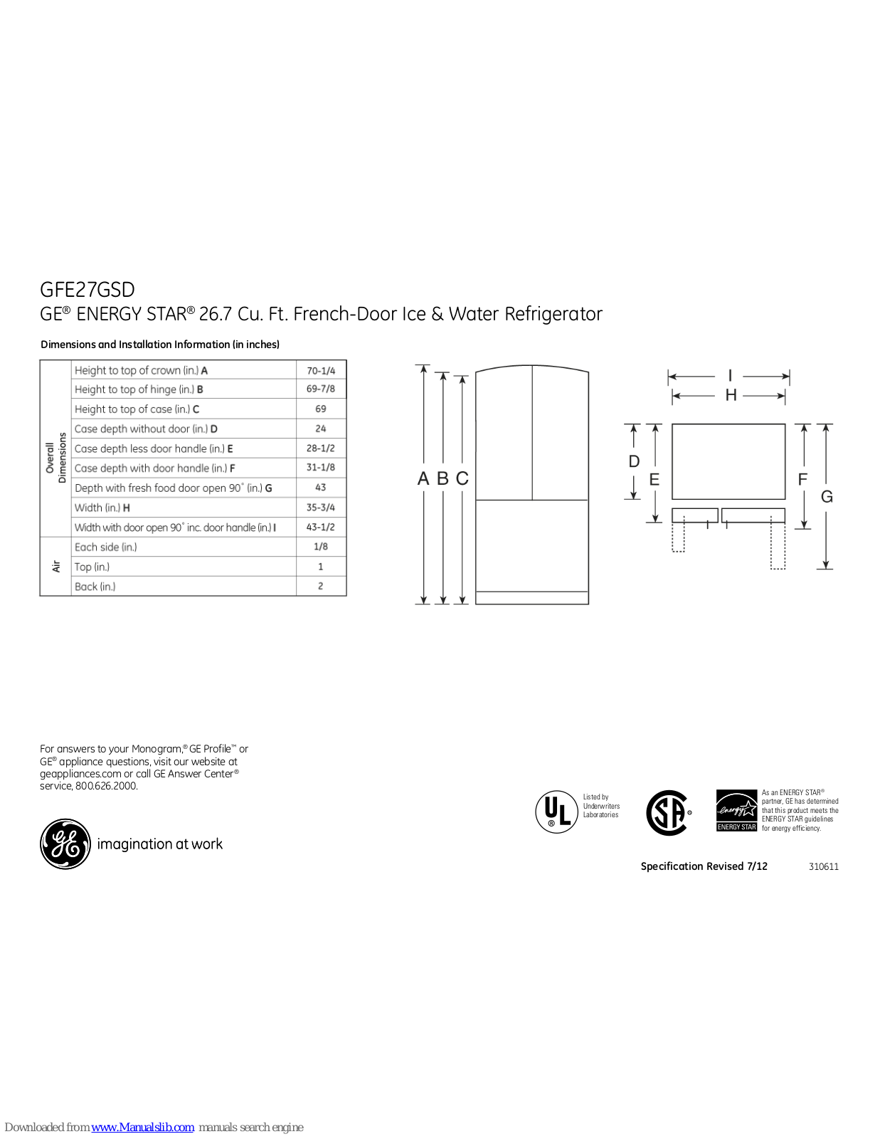 GE ENERGY STAR GFE27GSD Dimensions And Installation Information