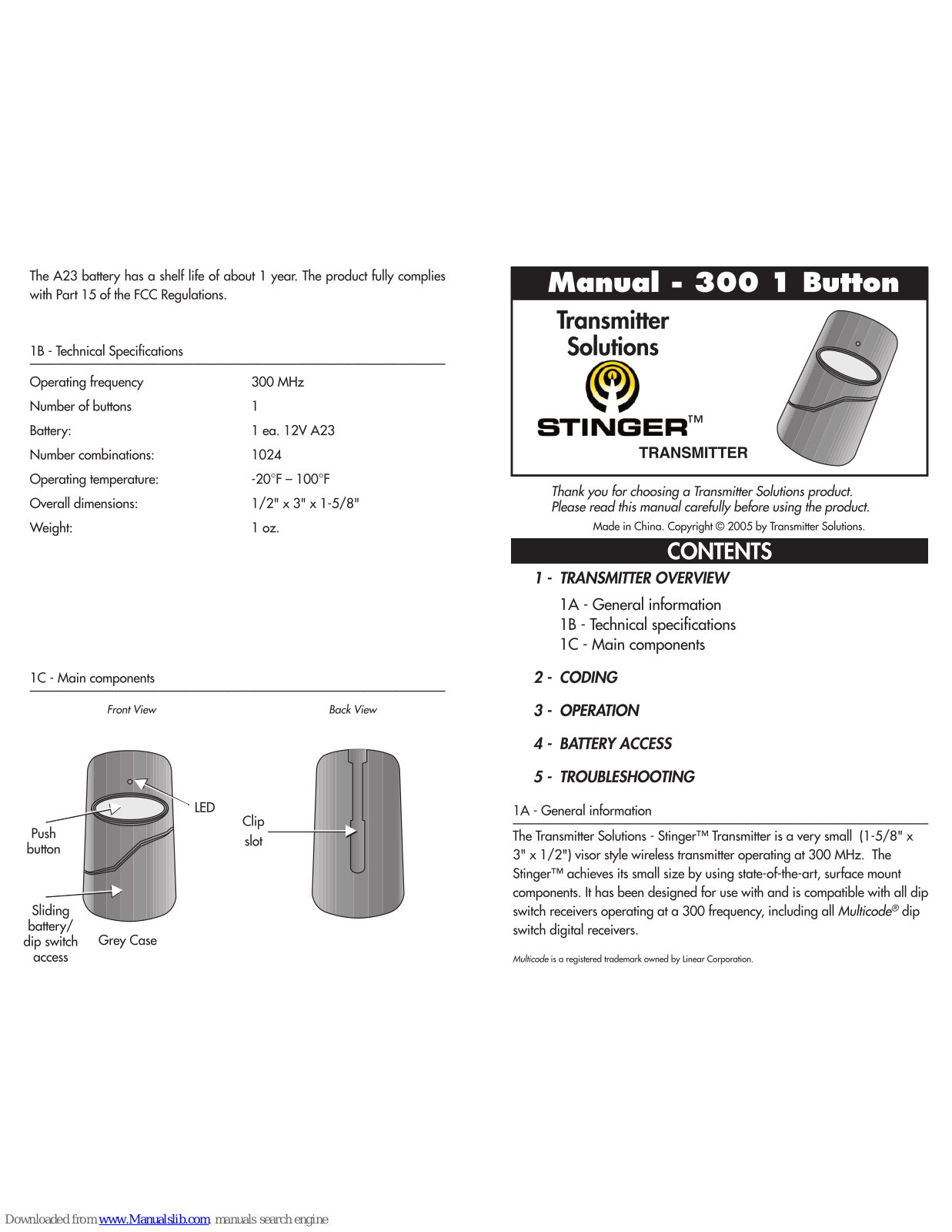 Transmitter Solutions Stinger, Stinger 300MCD21V Quick Manual - ManualMachine.com