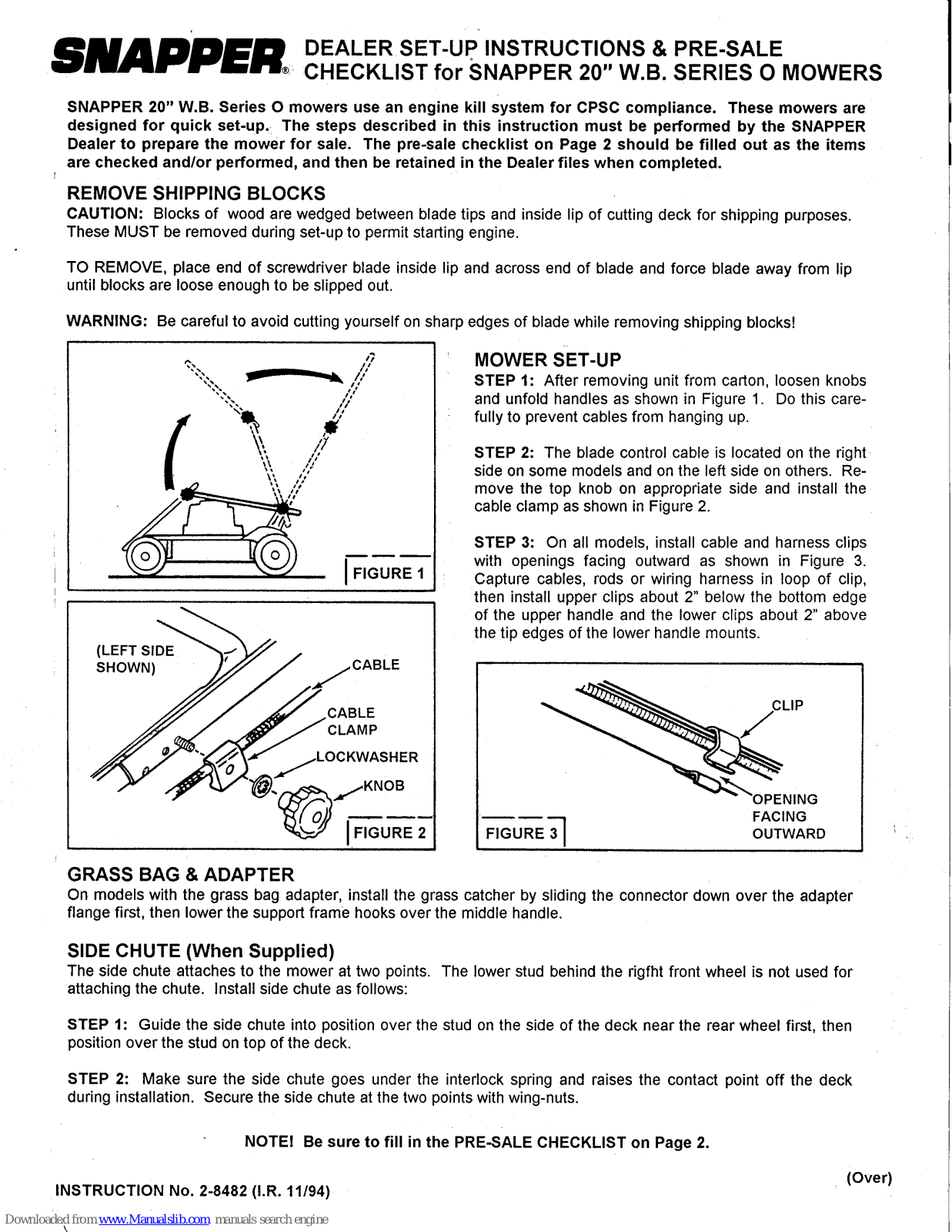 Snapper 2-8482,W.B. Series Setup Instructions