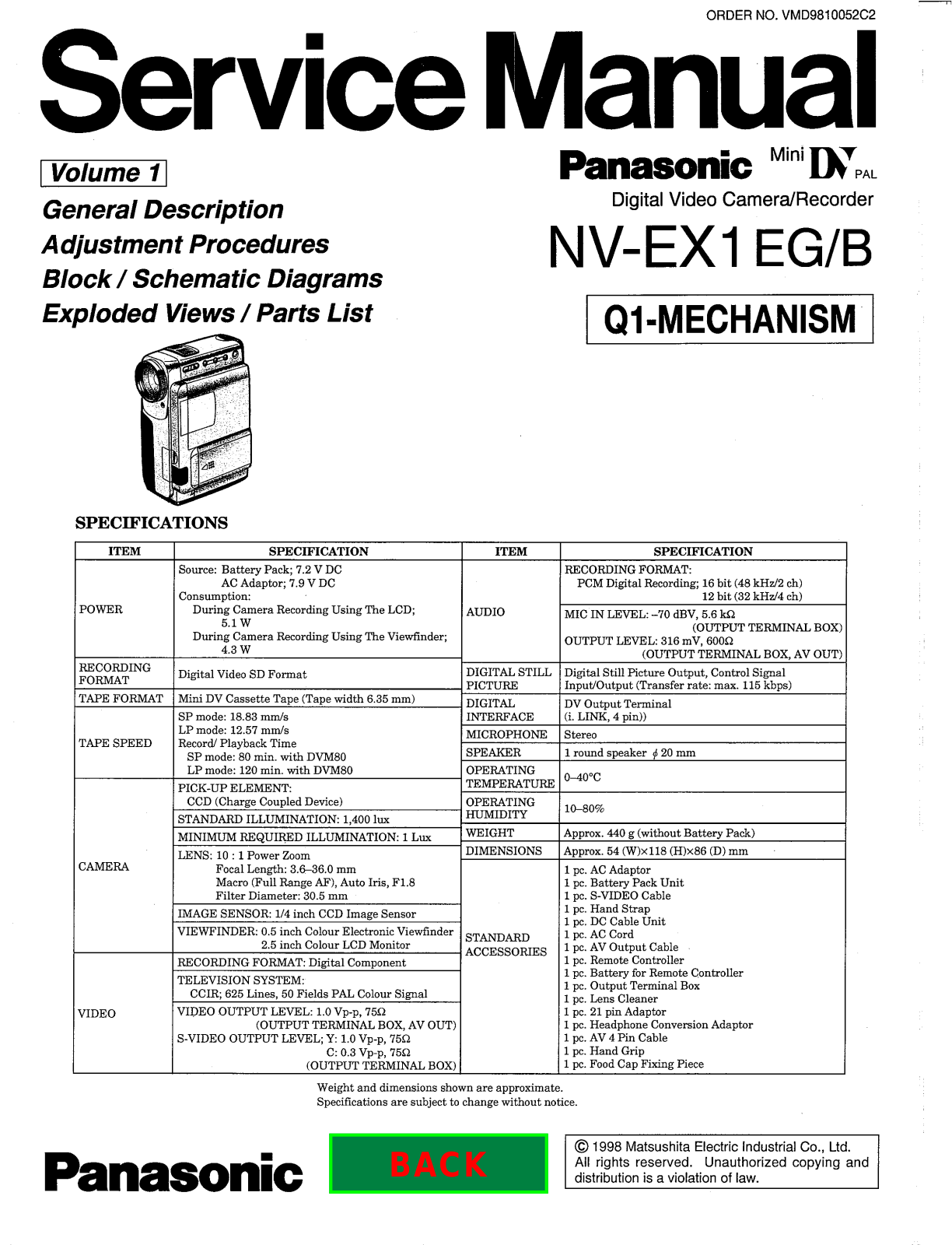 Panasonic NV-EX1 Service Manual