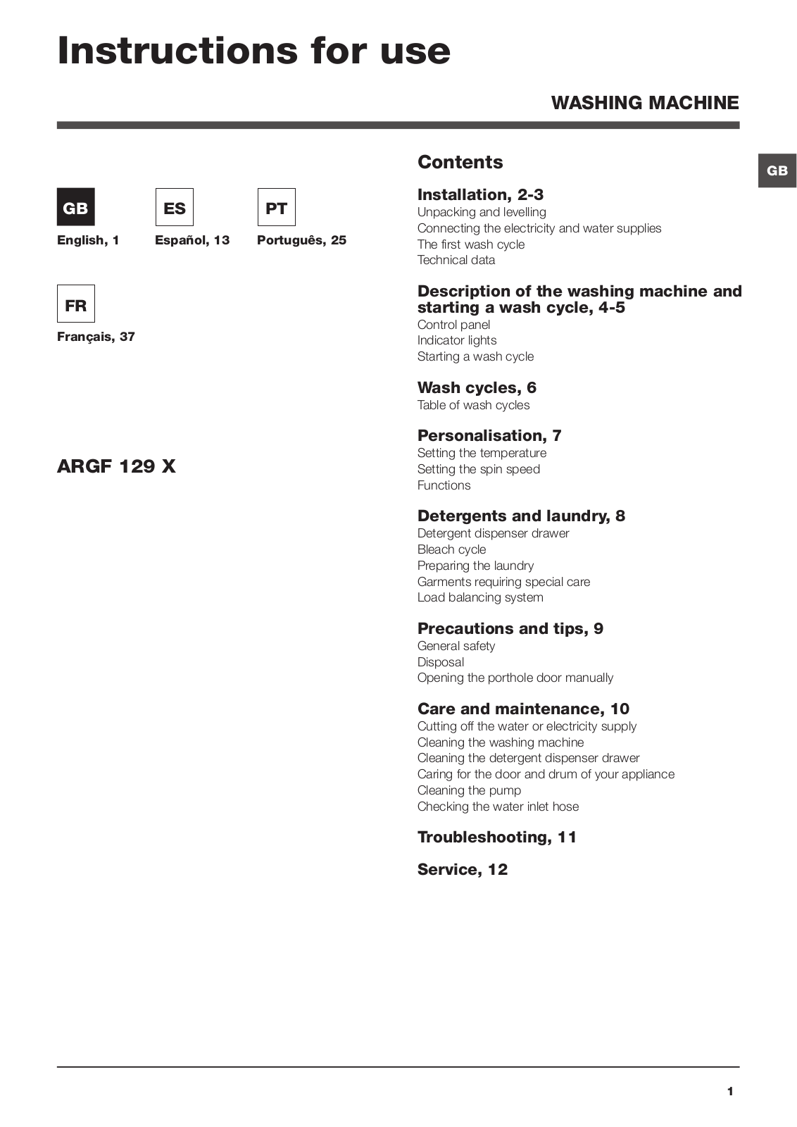 HOTPOINT ARGF129 User Manual