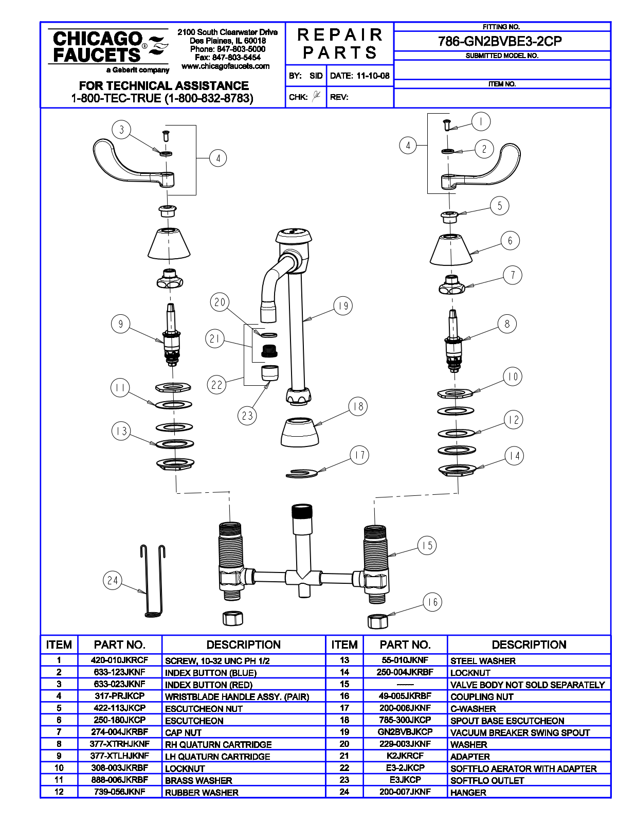 Chicago Faucet 786-GN2BVBE3-2CP Parts List