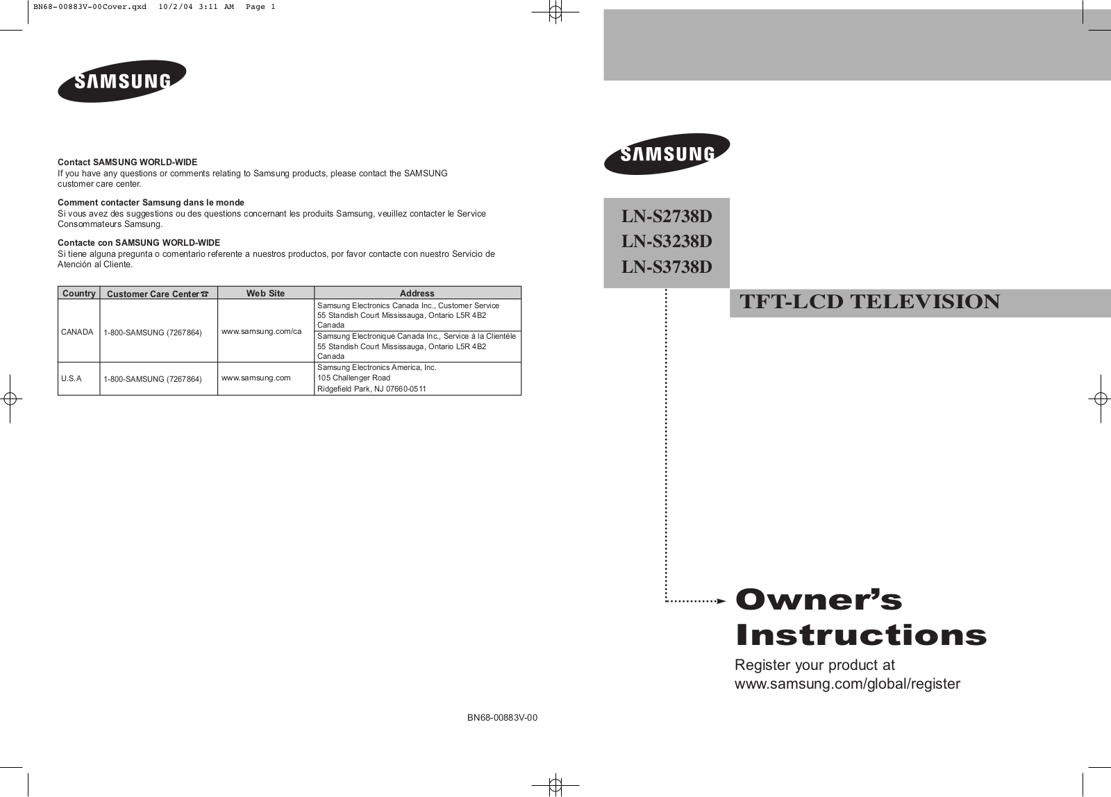SAMSUNG LN-S2738D, LN-S3238D User Manual
