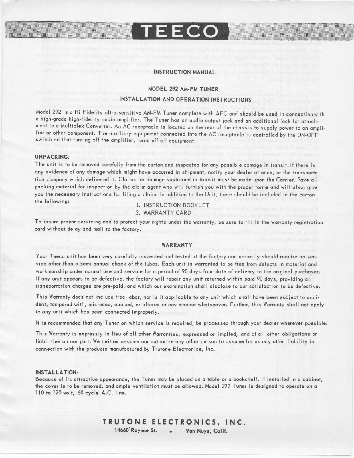 Telex 292 User Manual