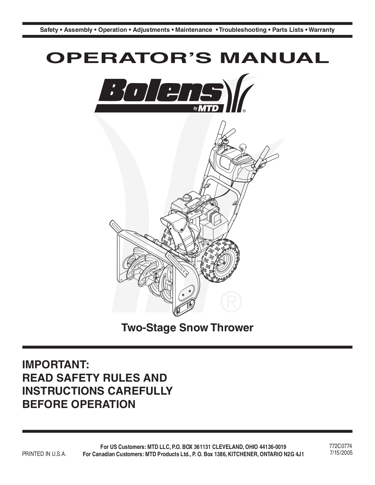 Bolens 772C0774 MTD User Manual