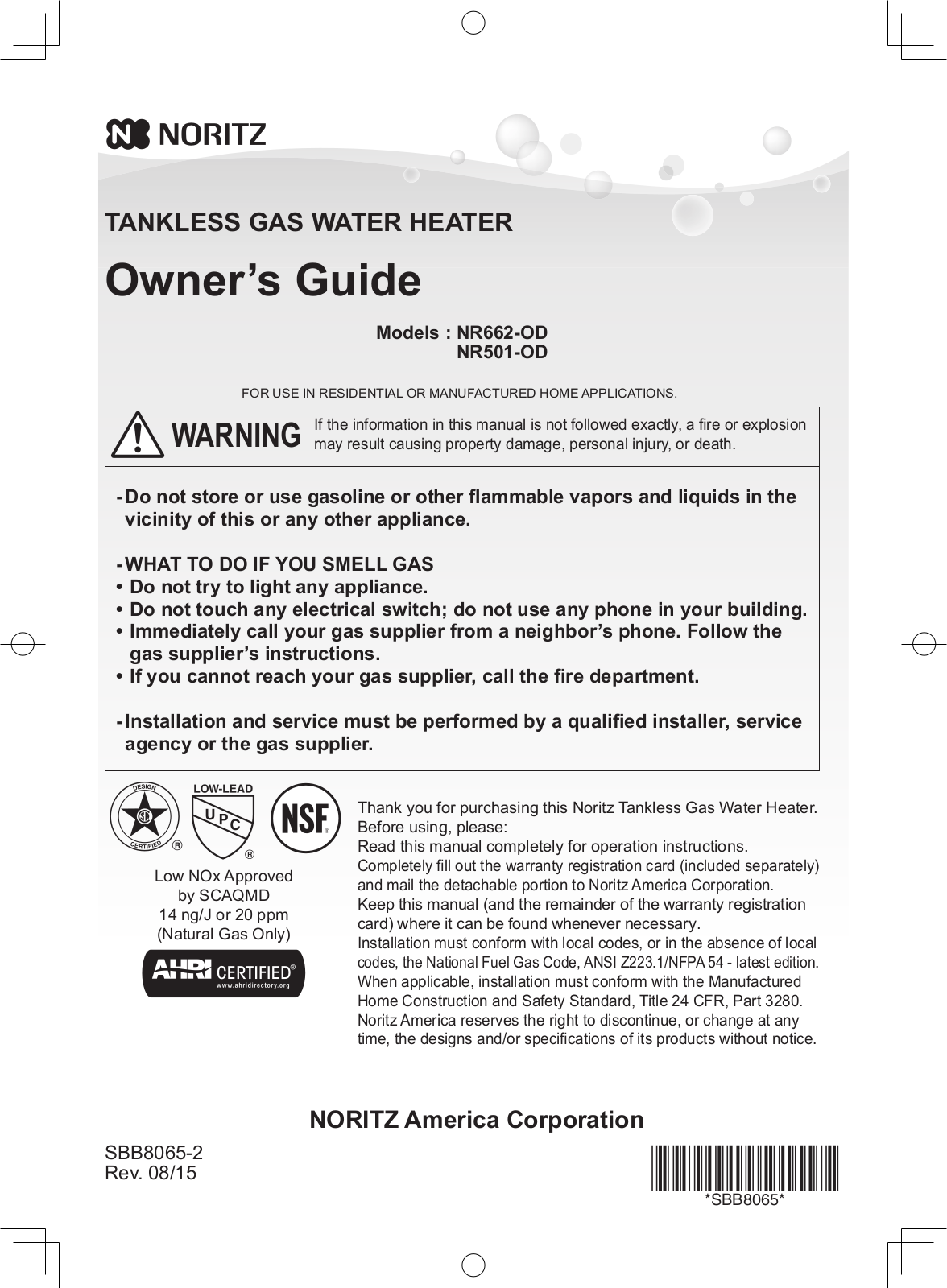 Noritz America NR501-OD, NR662-OD User Manual