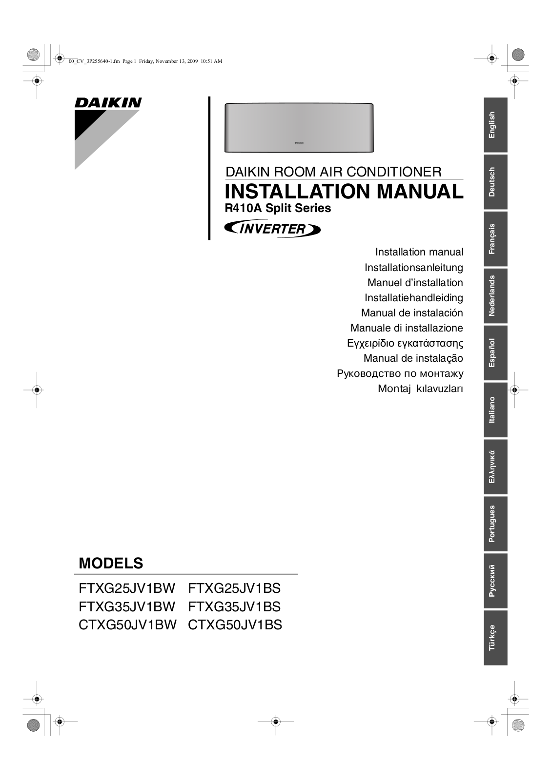 Daikin FTXG25JV1BW, FTXG25JV1BS, FTXG35JV1BW, FTXG35JV1BS, CTXG50JV1BW Installation manuals