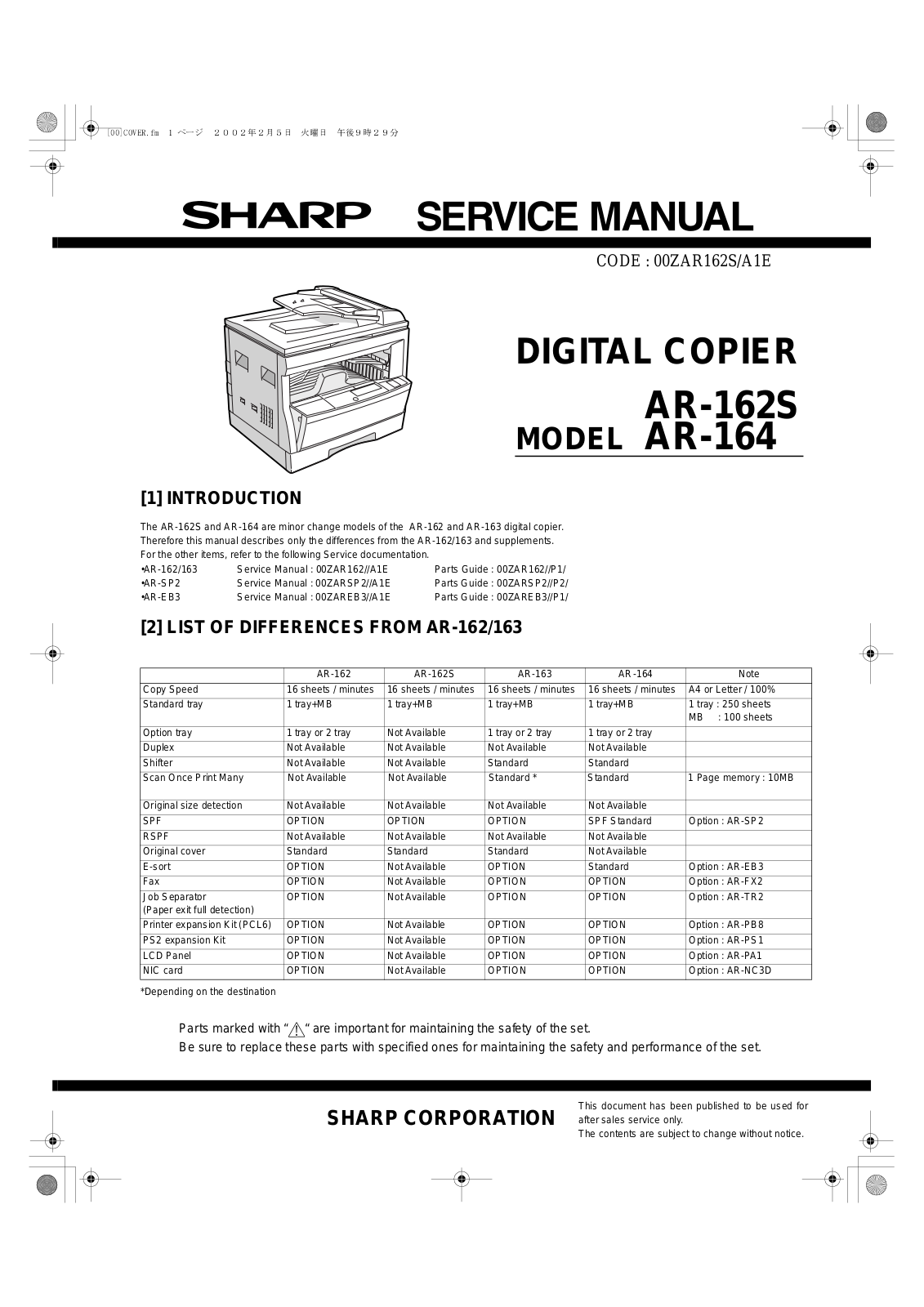 SHARP AR162S, AR164 Service Manual