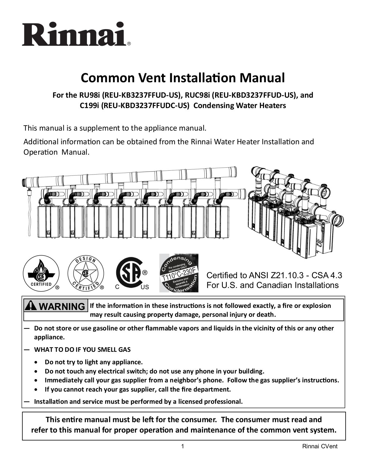 Rinnai Rice Cooker RUC98i (REU-KBD3237FFUD-US), C199i (REU-KBD3237FFUDC-US Installation  Manual