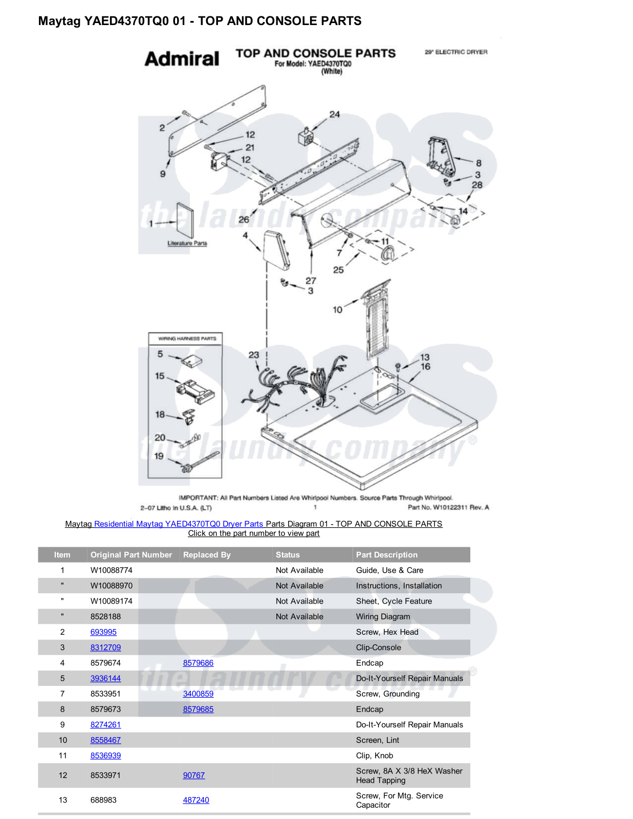 Maytag YAED4370TQ0 Parts Diagram