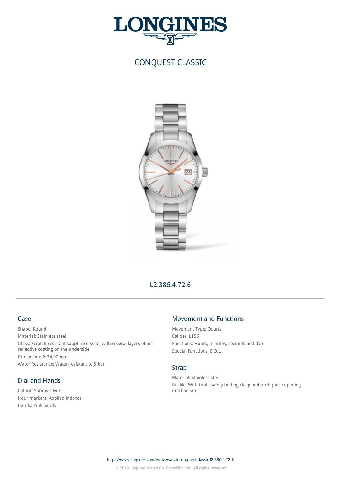Longines L23864726 Specification Sheet - ManualMachine.com