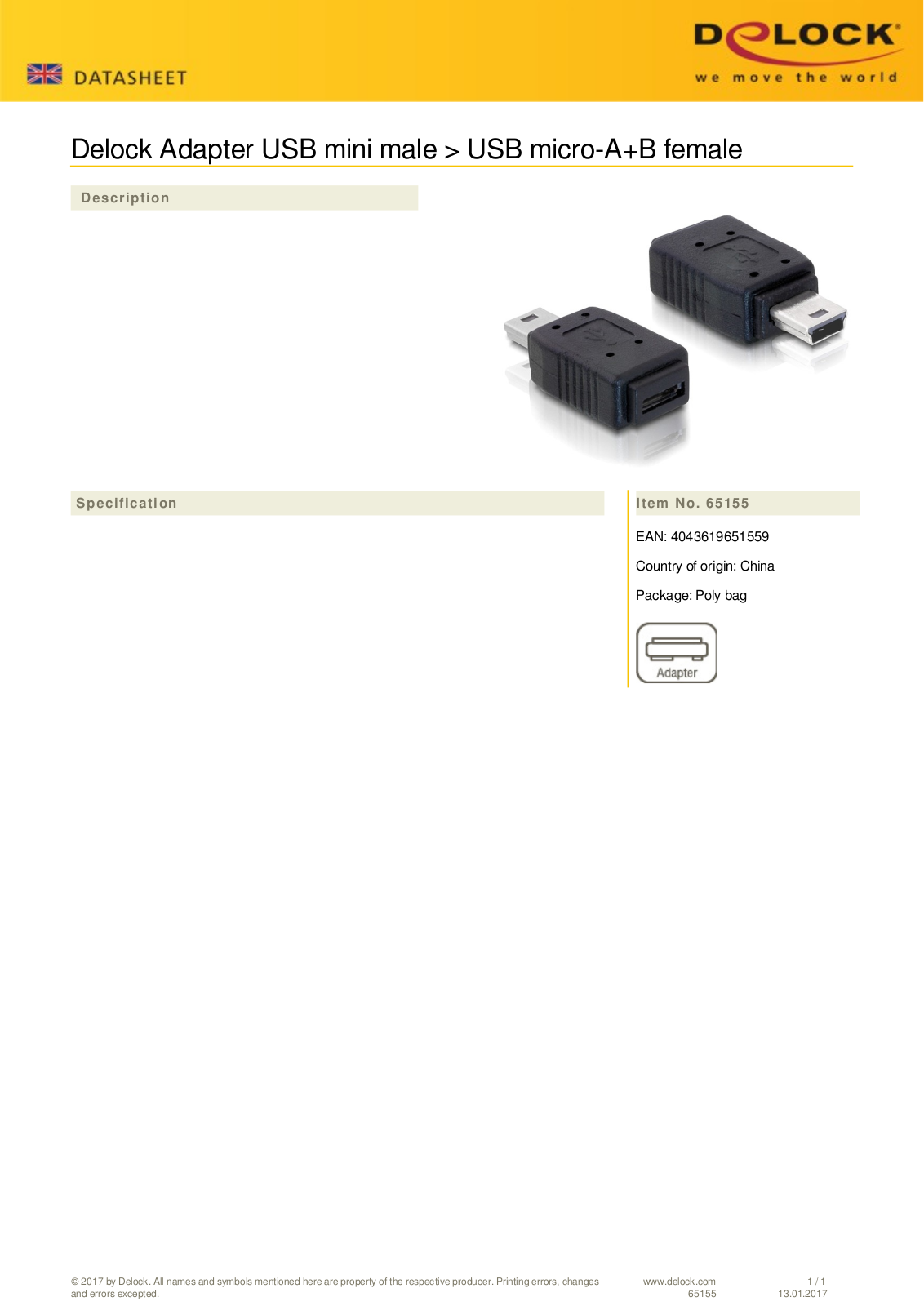 DeLOCK USB 2.0 adapter, mini-B  plug  on micro A+B  socket User Manual