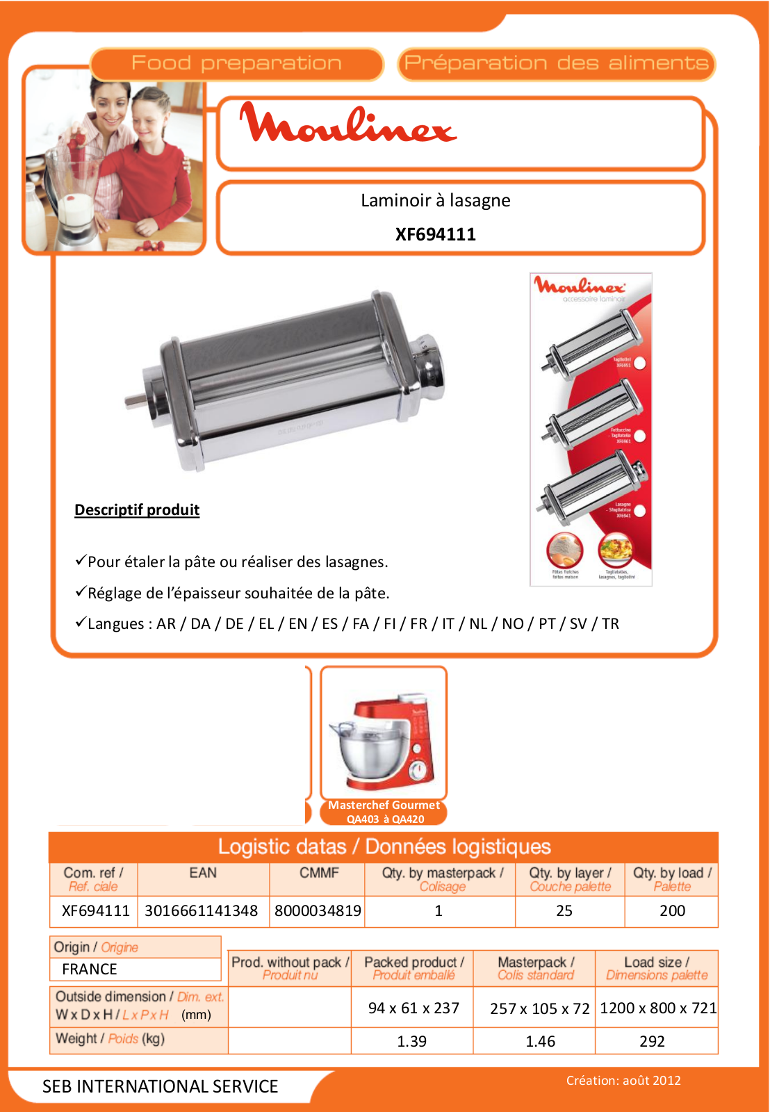 Moulinex MASTER product sheet