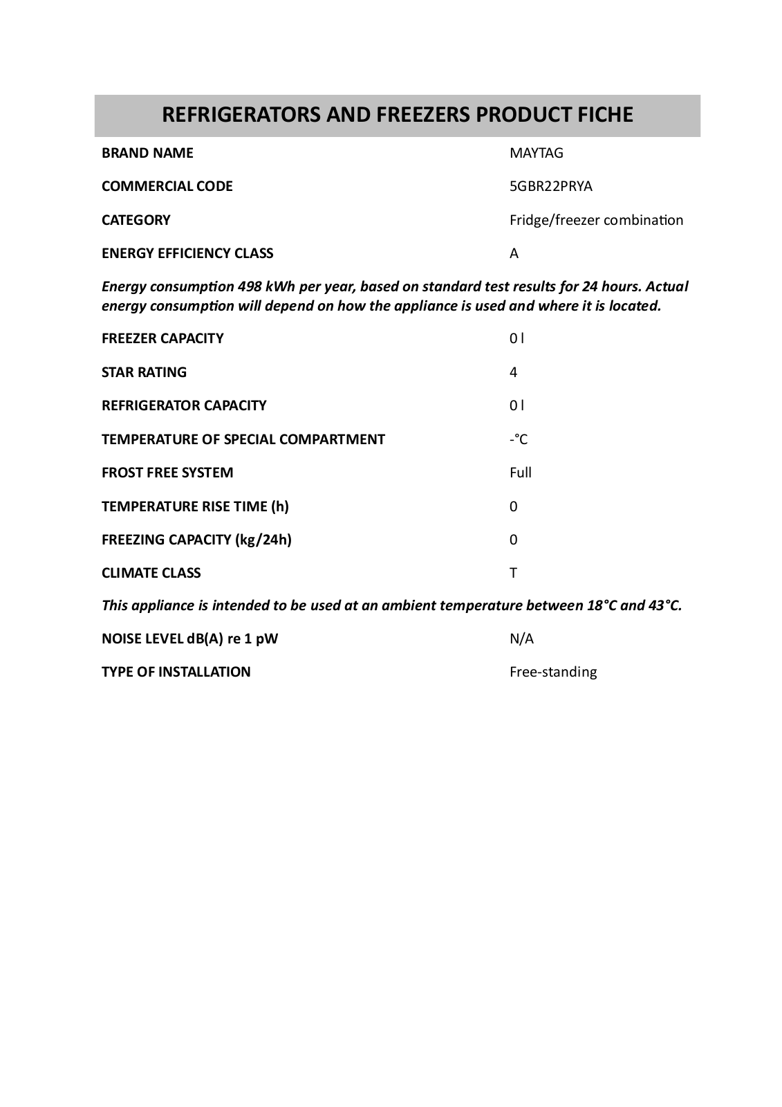 MAYTAG 5GBR22PRYA Product Sheet