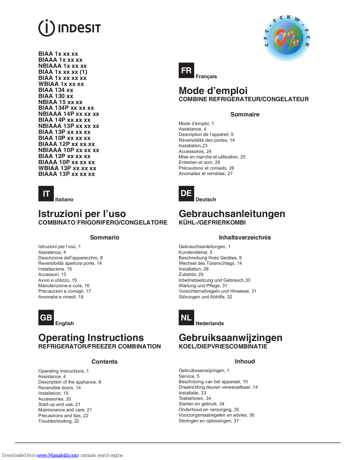 Indesit BIAA 1x xx xx, BIAAA 1x xx xx, NBIAAA 1x xx xx, BIAA 1x xx xx (1), BIAA 1x xx xx xx Operating Instructions Manual