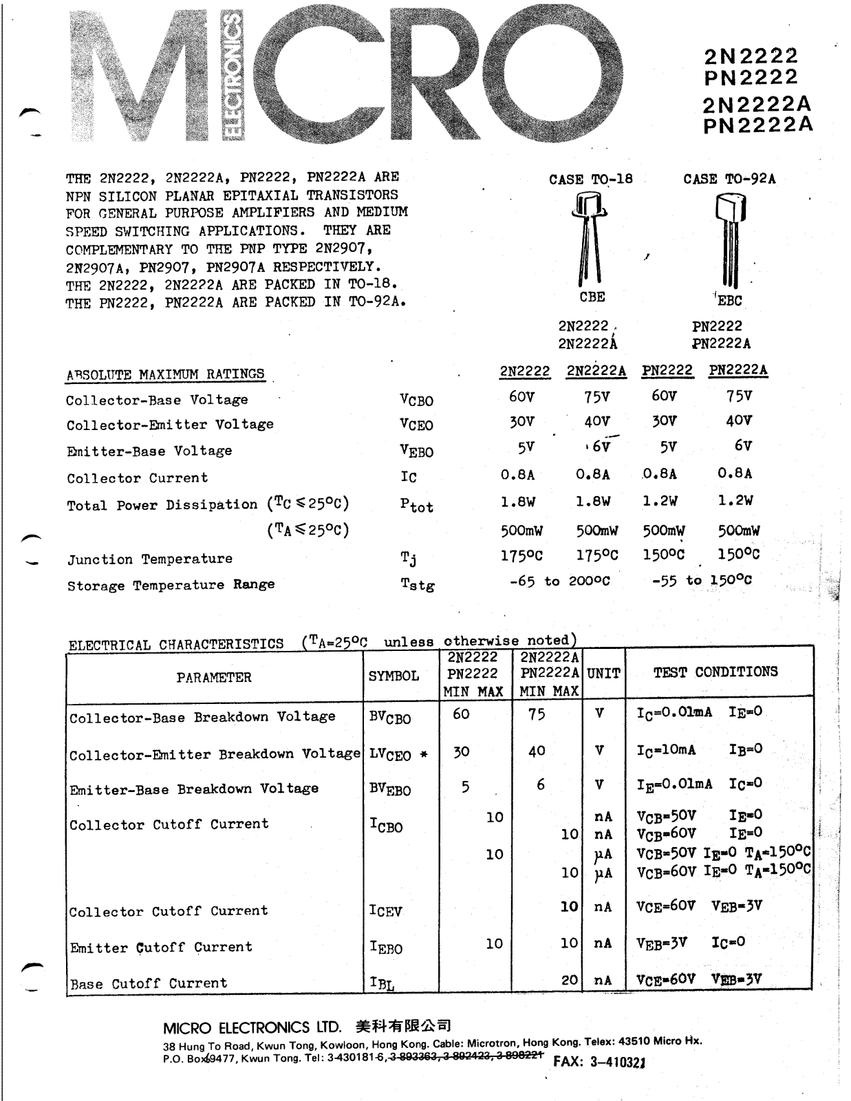 MICRO PN2222, PN2222A Datasheet