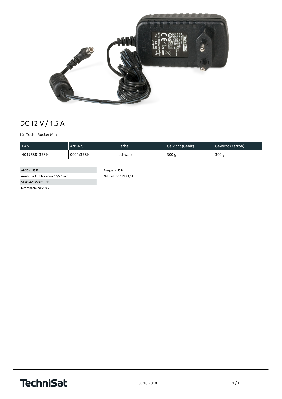 TechniSat DC 12 Volt - 1.5A Technische details