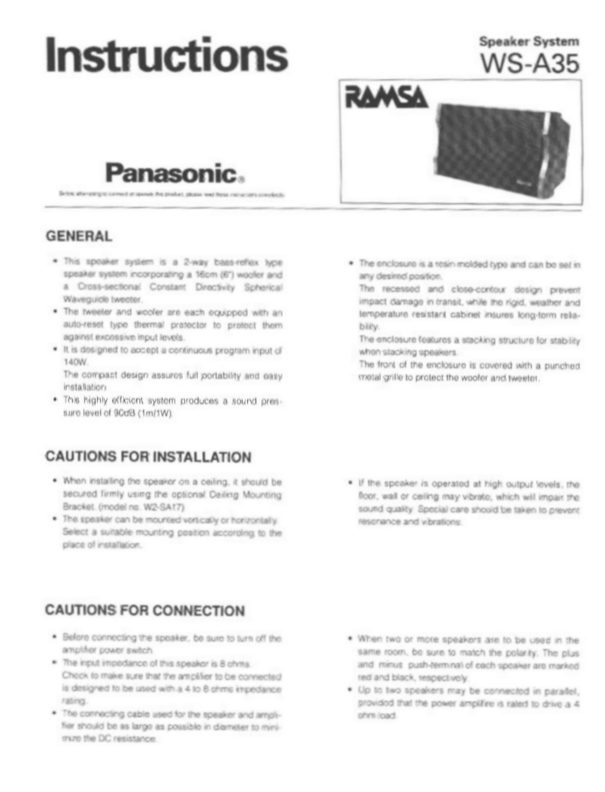 Panasonic ws-a35 Operation Manual