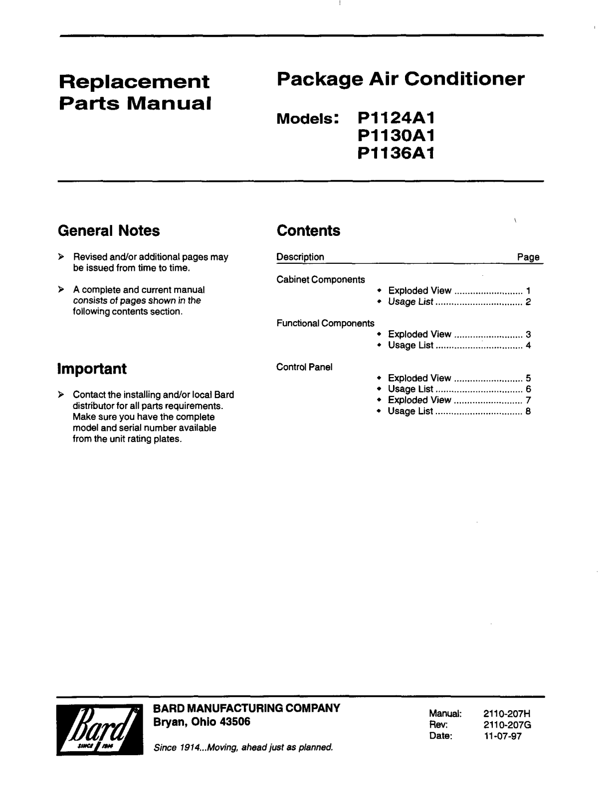 Bard P1124A1, P1136A1, P1130A1 User Manual