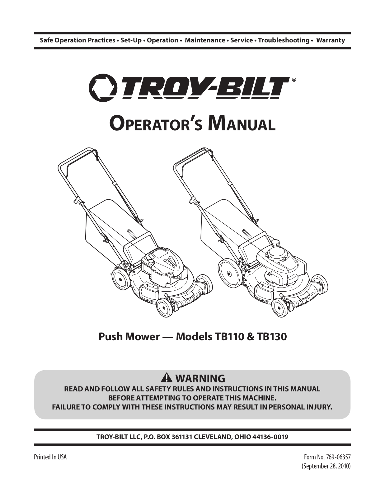 Troy-Bilt TB130, TB110 User Manual