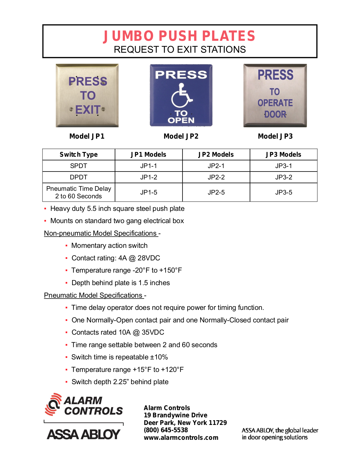 Alarm Controls JP3-5, JP3-2, JP3-1, JP2-5, JP2-2 Specsheet - ManualMachine.com